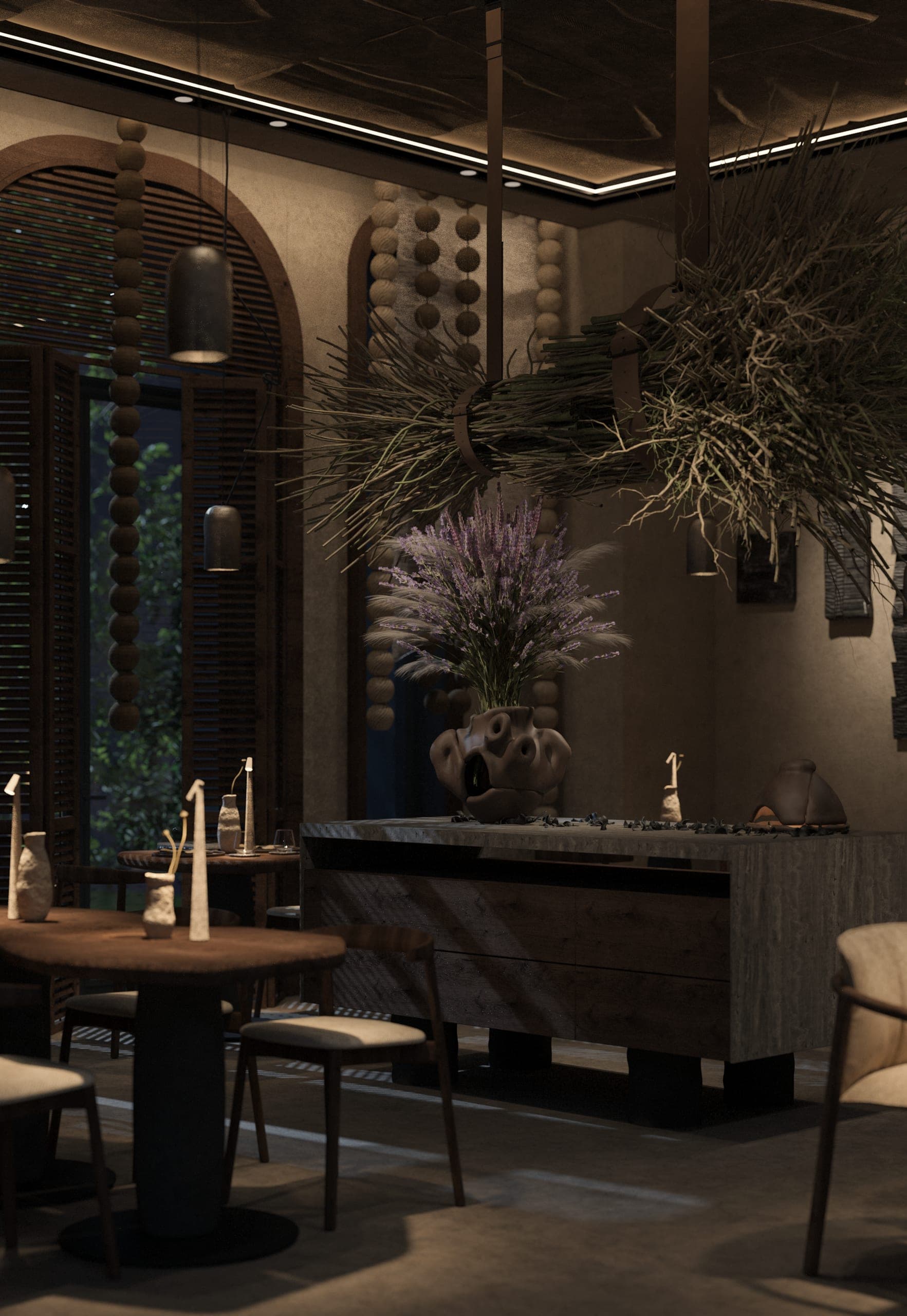 éto: dining tables beside a timber sideboard, with a dried-grass installation and arched shuttered windows