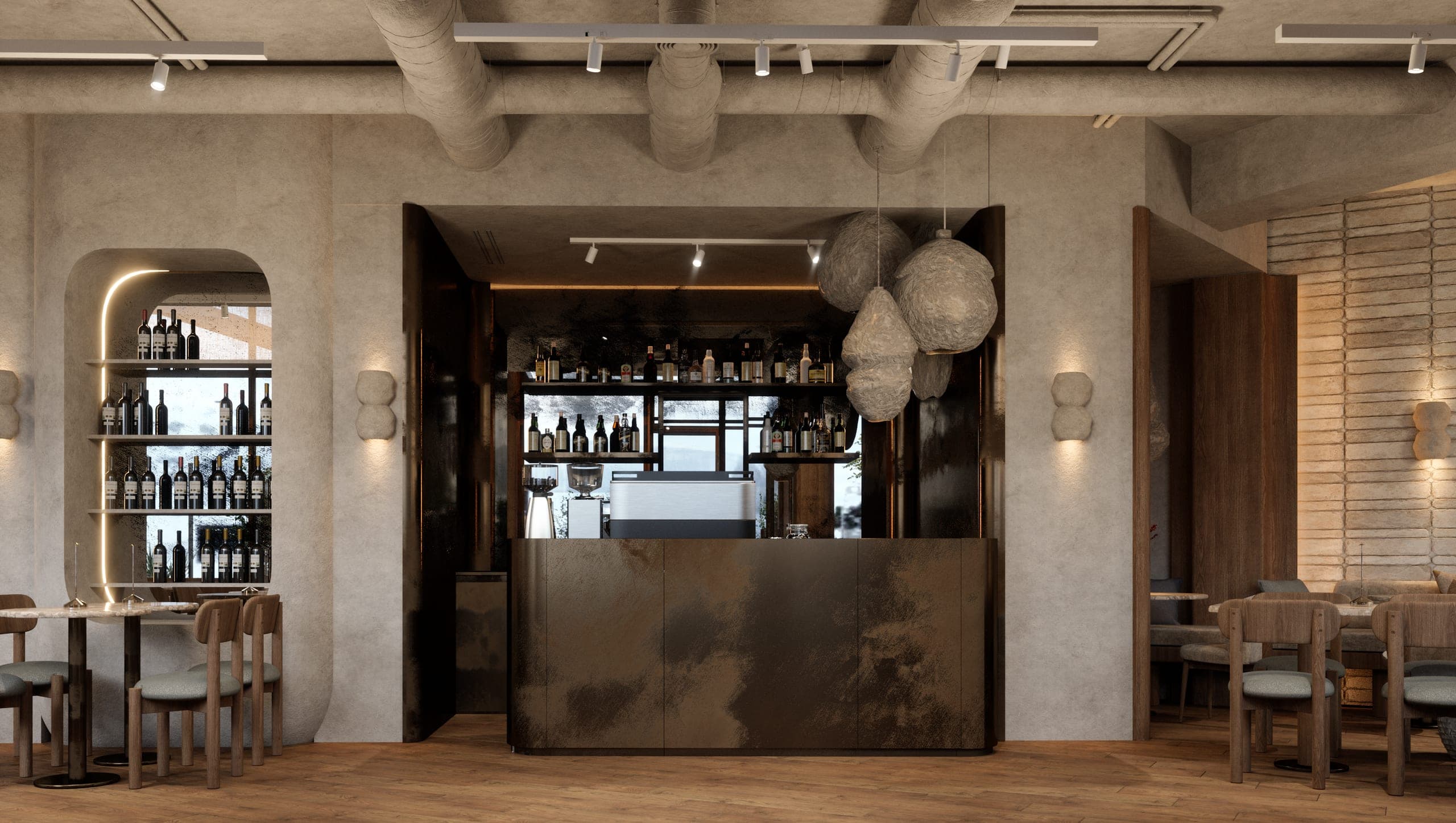 Gran Adamo: bar in aged metal beneath woven pendants, with an arched wine niche beside it