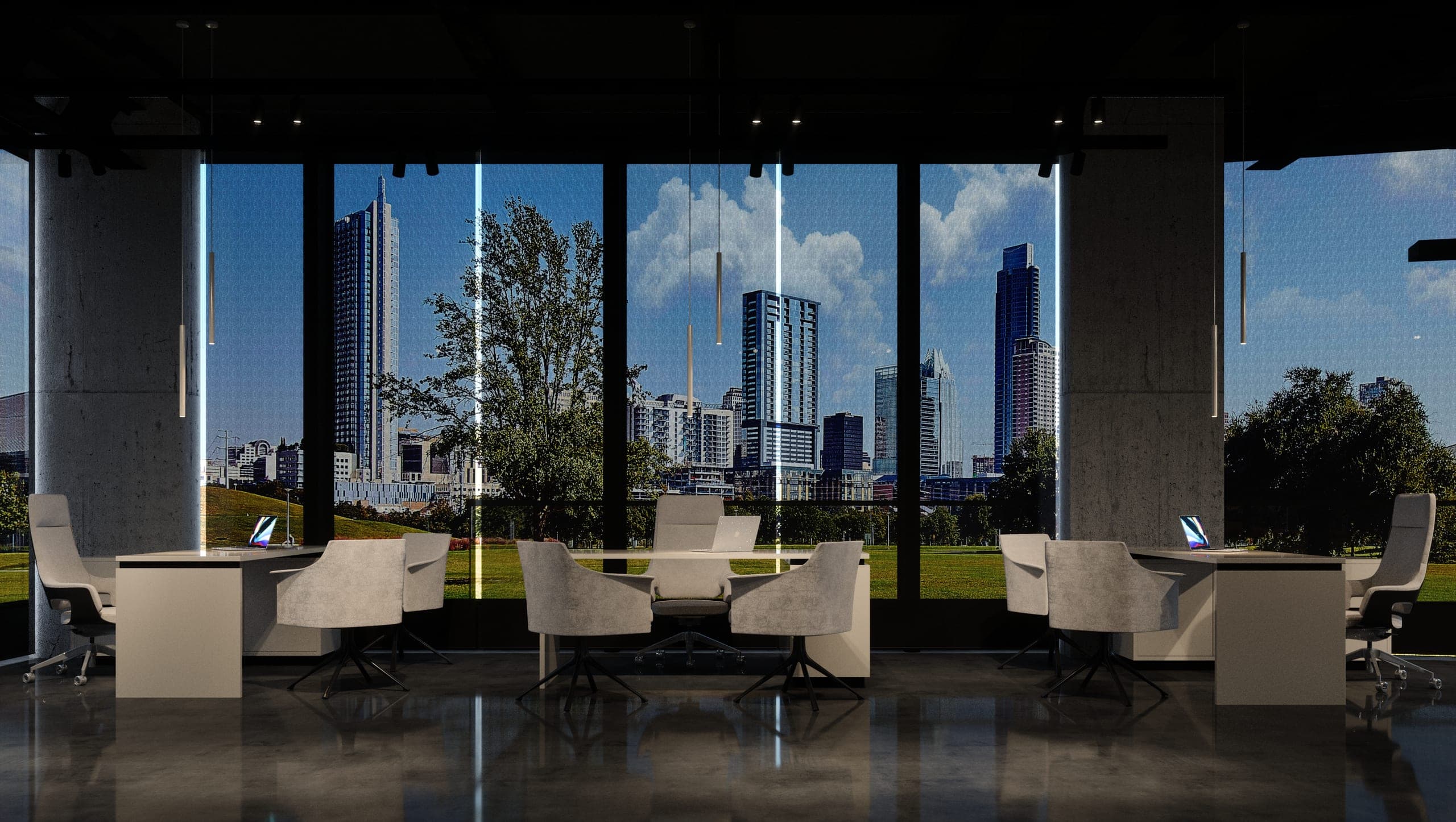 Plus Auto: meeting tables along floor-to-ceiling windows with a city skyline view
