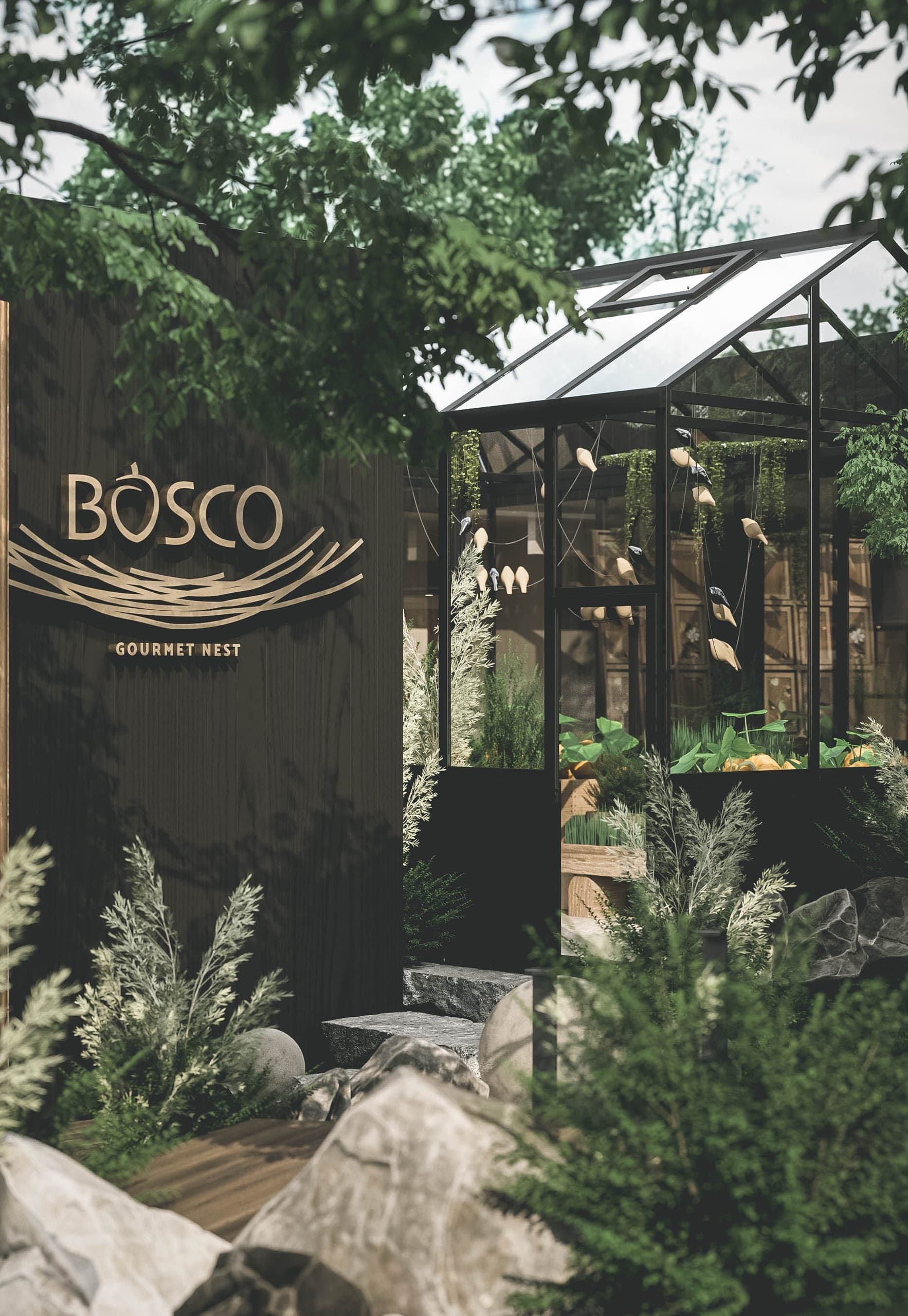 Bosco: sign among planting with a glasshouse behind