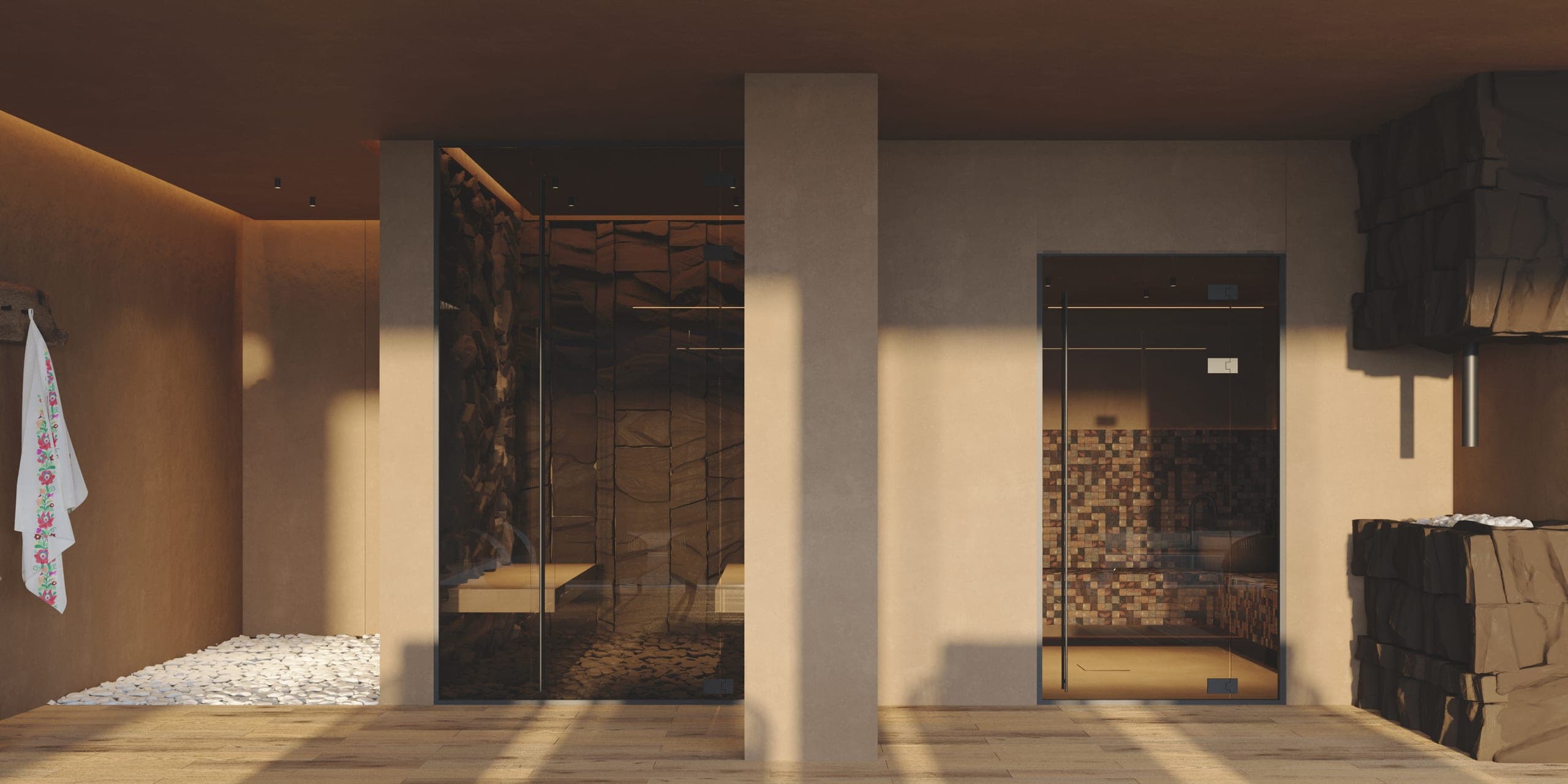 Natura Spa: warm-lit interior in timber and stone