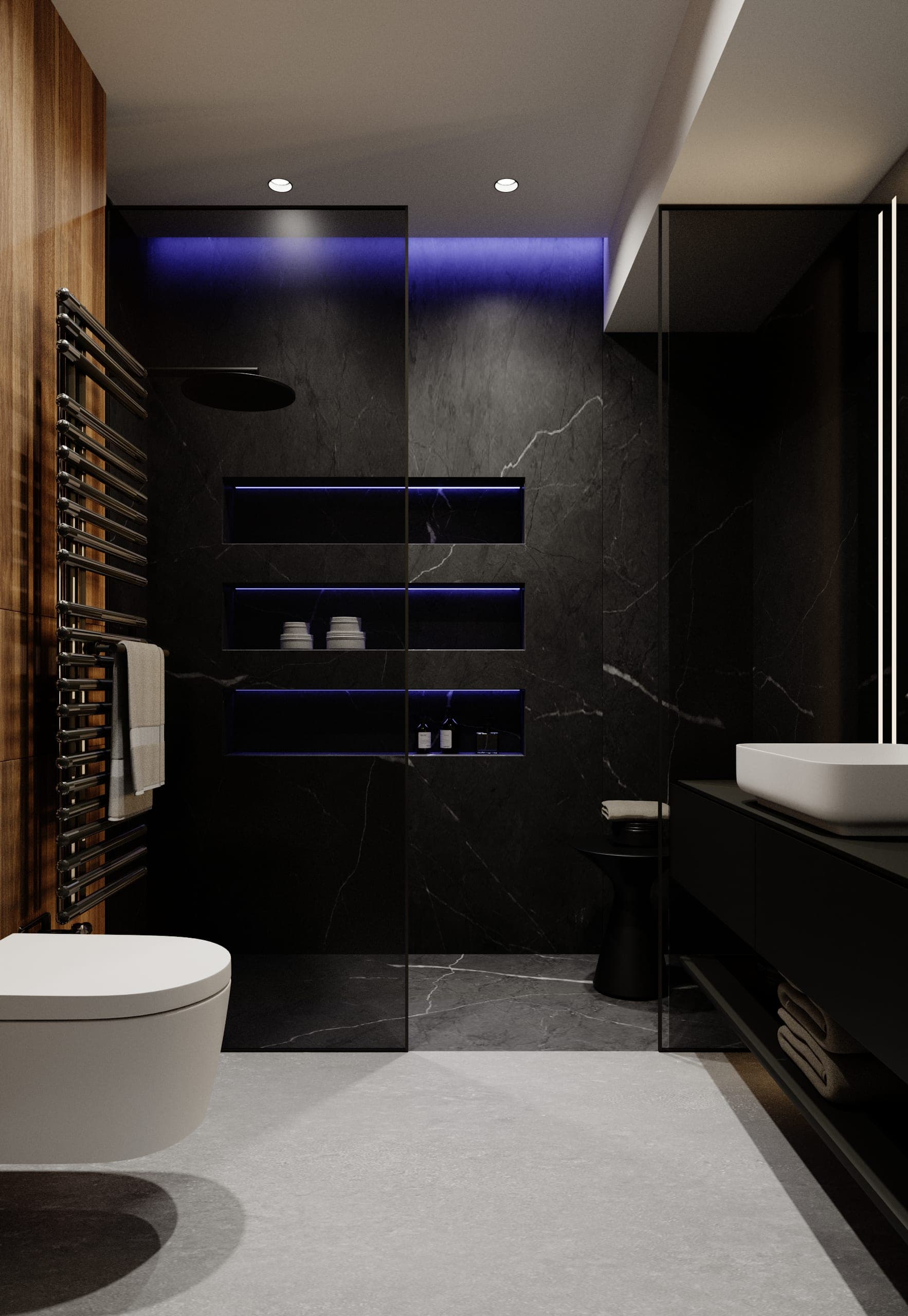 Pitești Apartment: dark bathroom with stone-effect walls, lit niches and a white basin