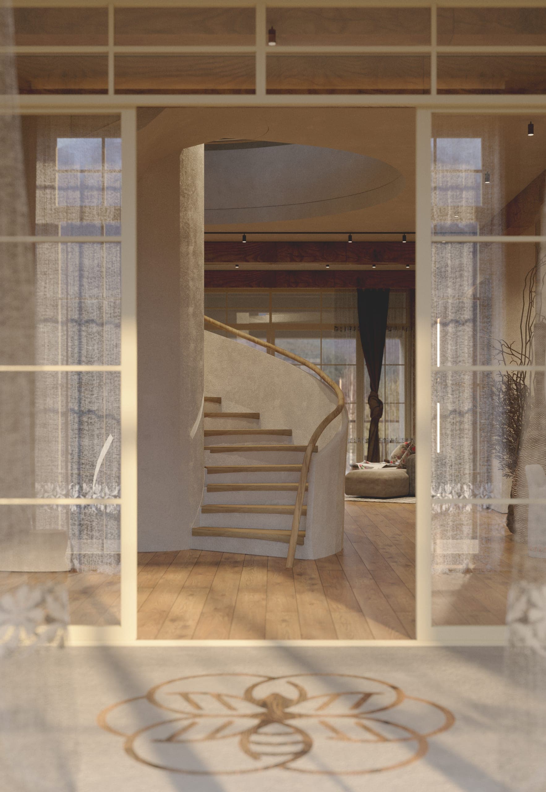Matca lobby: glazed doors opening to a curved stair and an inlaid floor motif