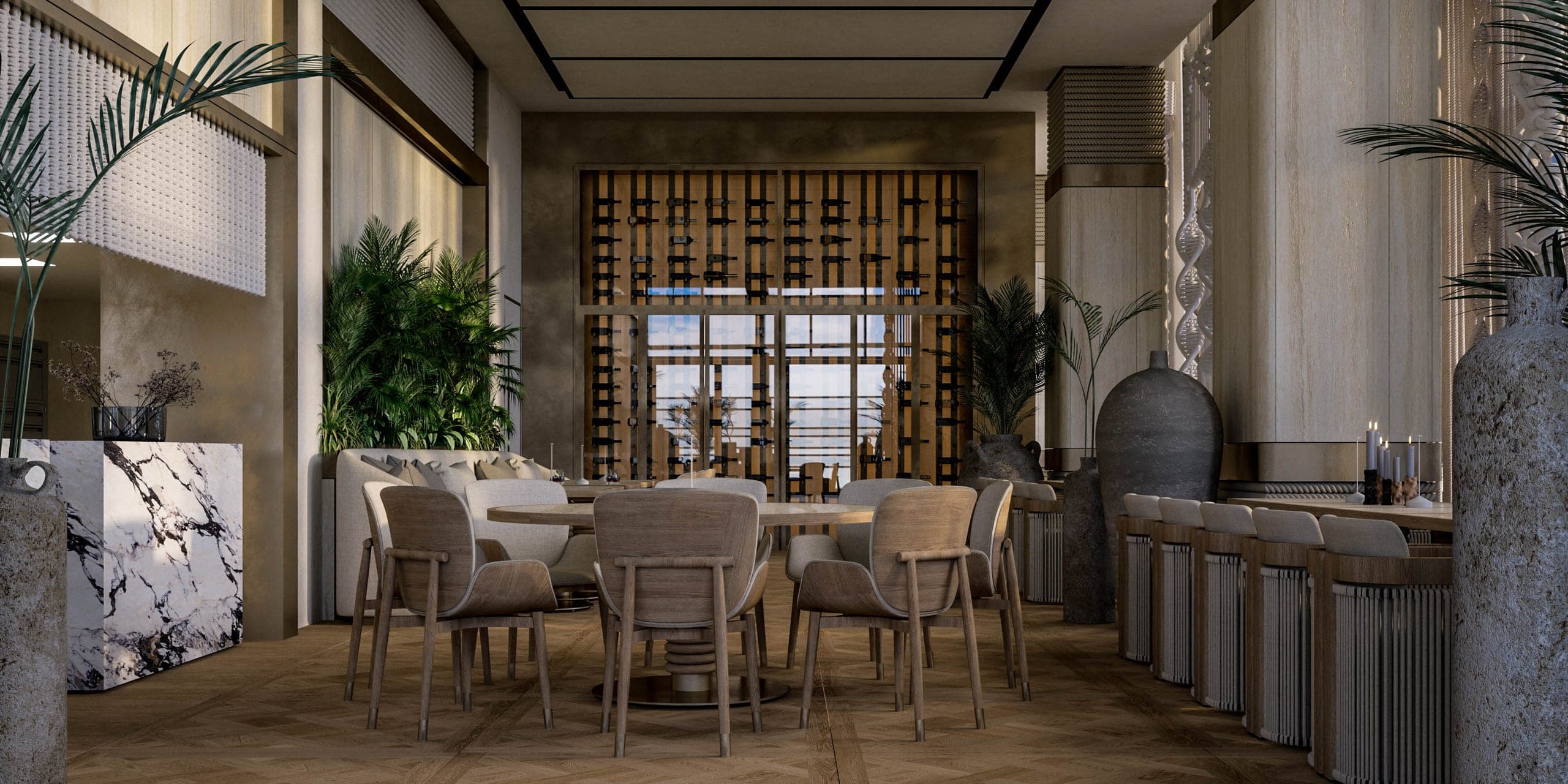 Opera Residence Restaurant: main dining room with a veined stone bar, timber screens and palms