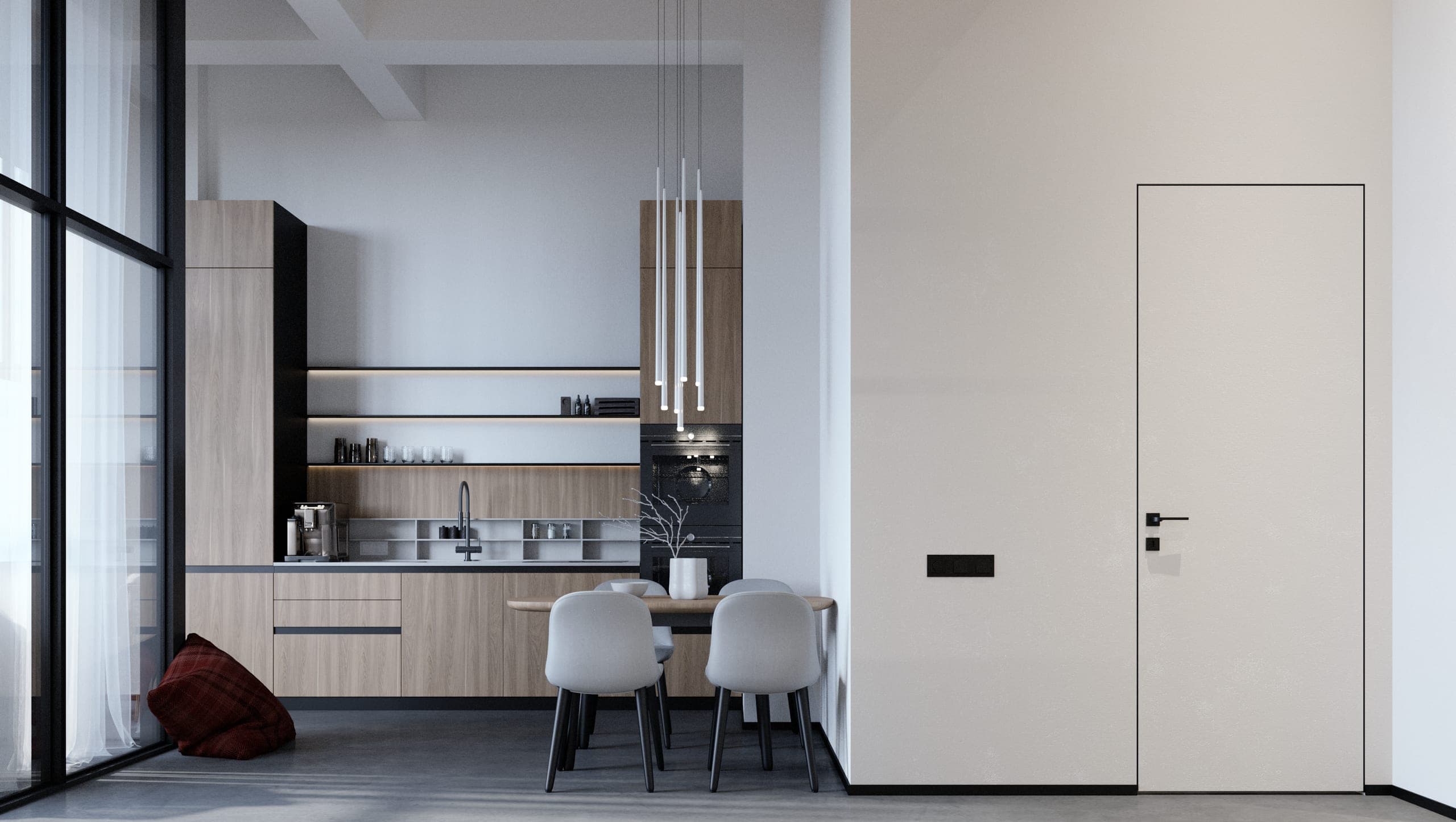 Plauen Apartment: kitchen in timber with a dining table beside tall black-framed windows