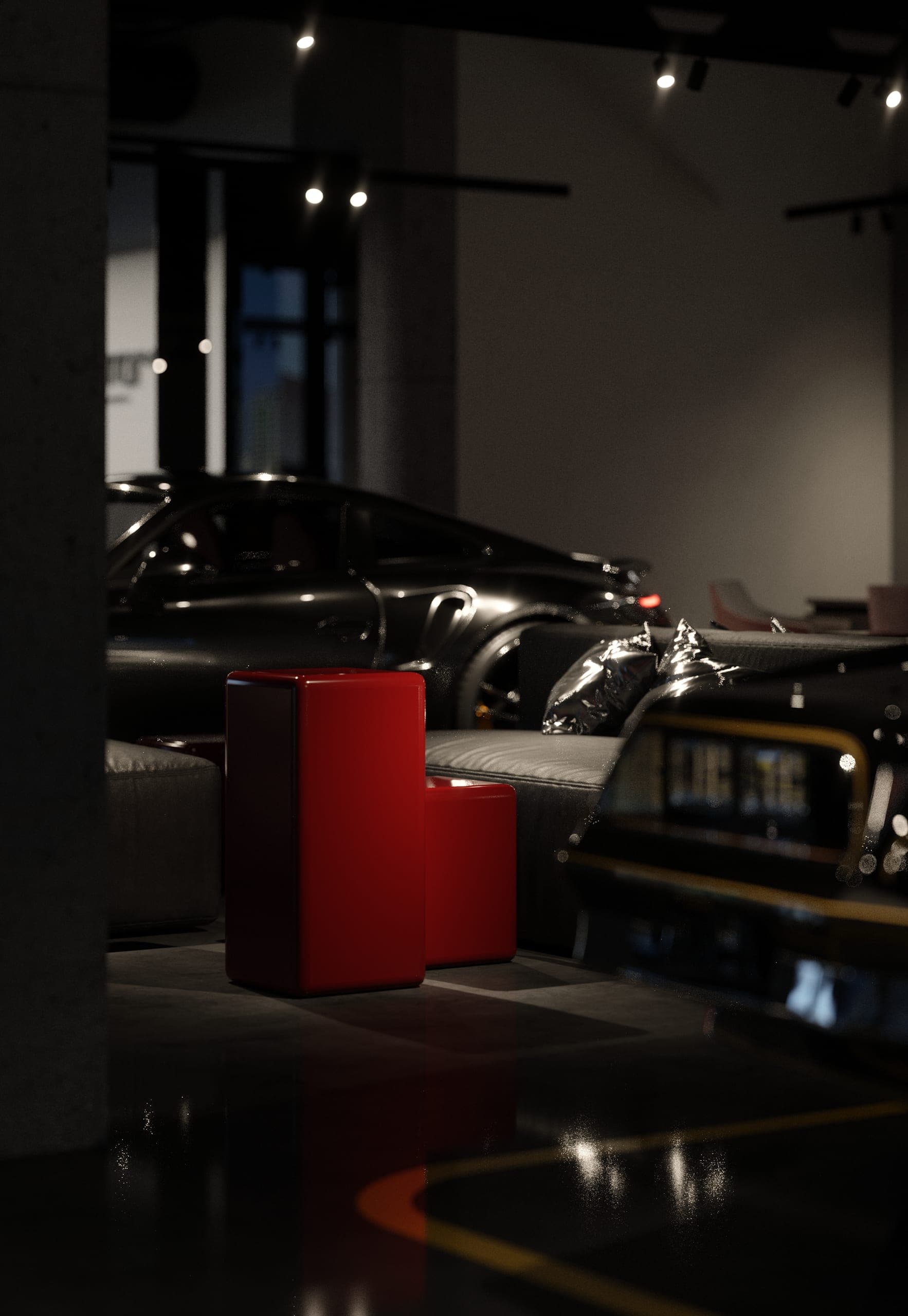 Plus Auto: dark sports car beside red lounge seating
