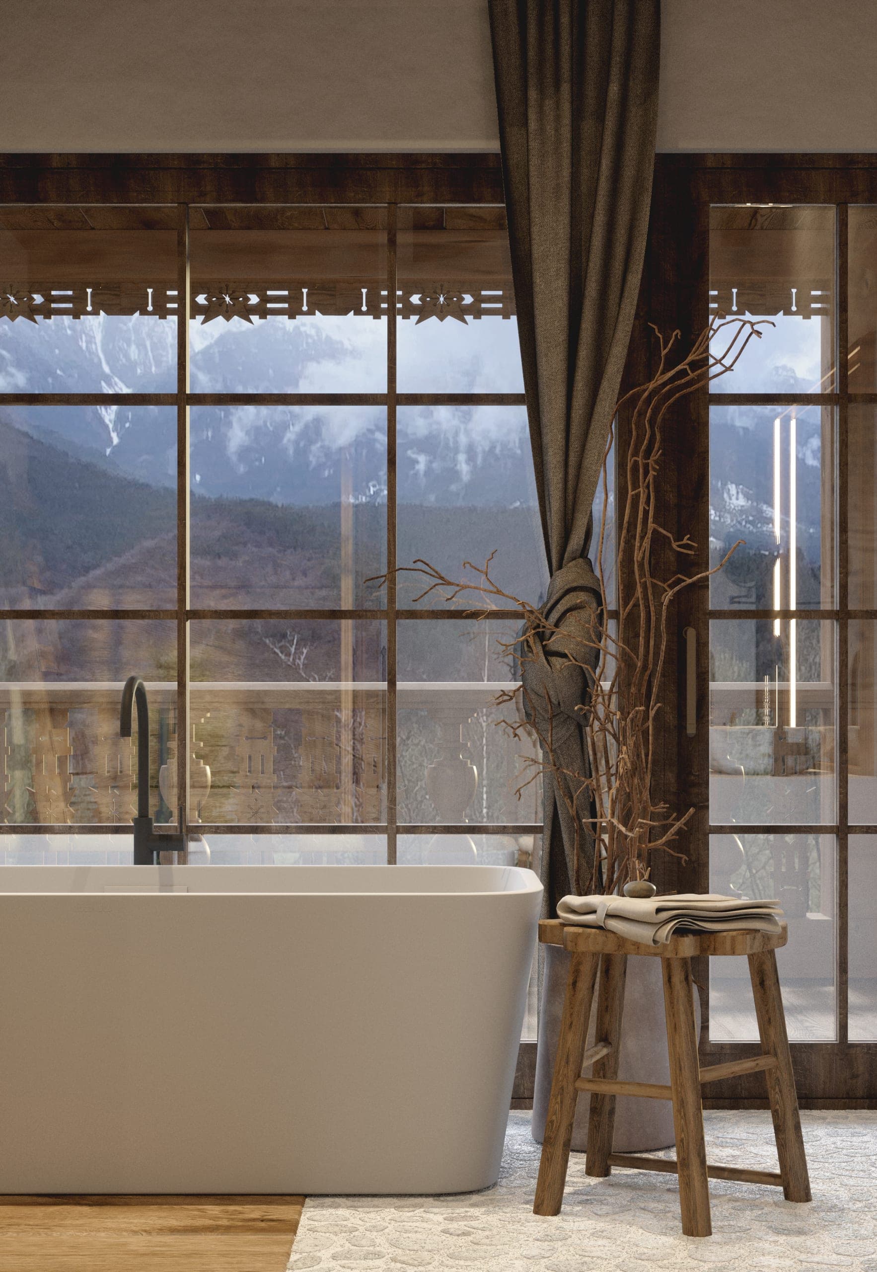 Matca private villa: freestanding bathtub by a window with mountain views