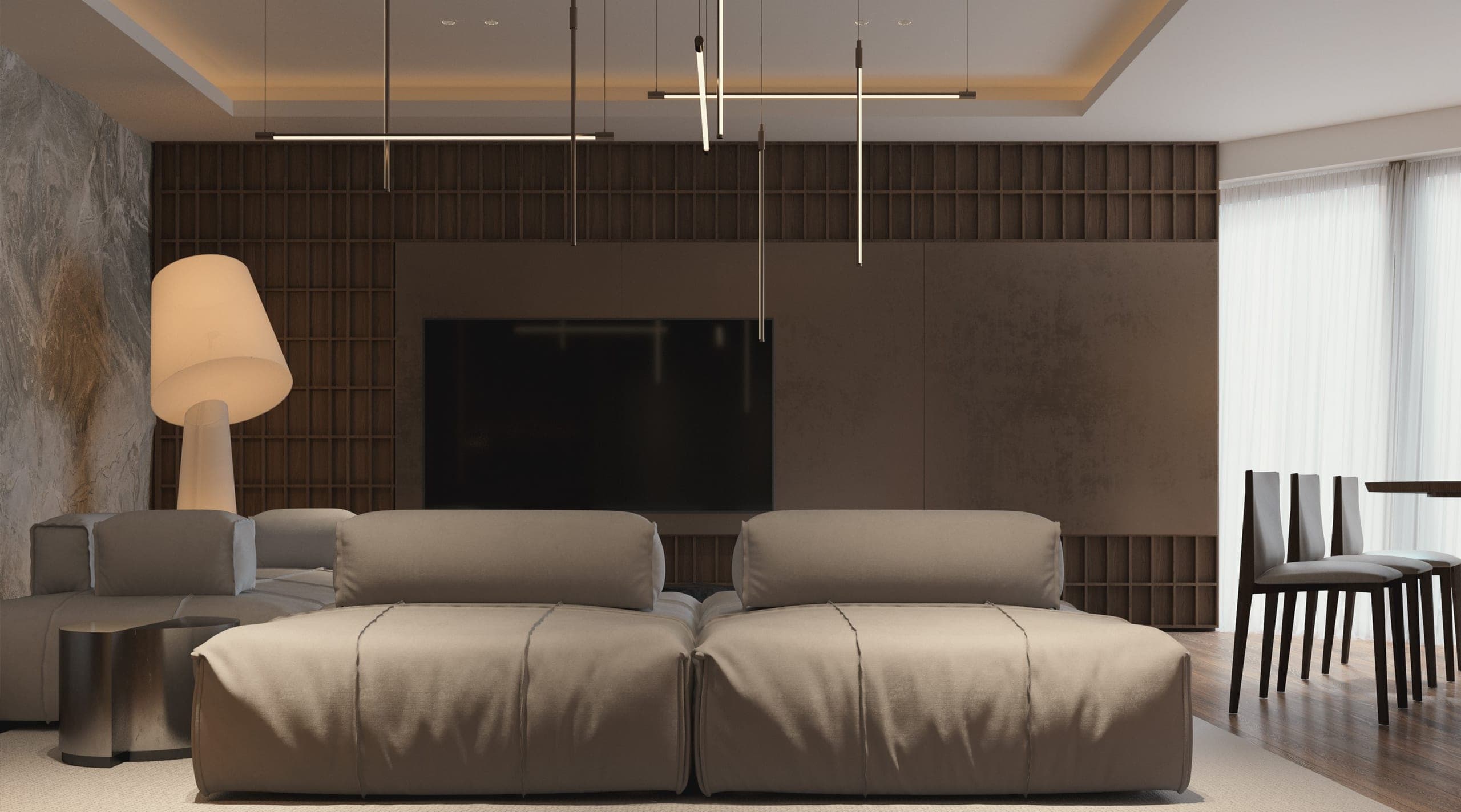 Opera Residence Apartment: living room with low modular sofas, a dark timber wall and a sculptural lamp