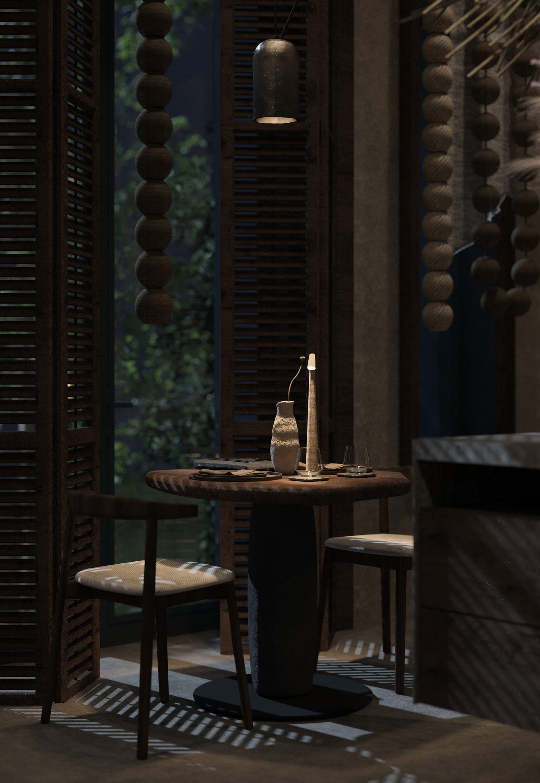 éto: table for two by tall shuttered windows, strings of wooden beads hanging alongside