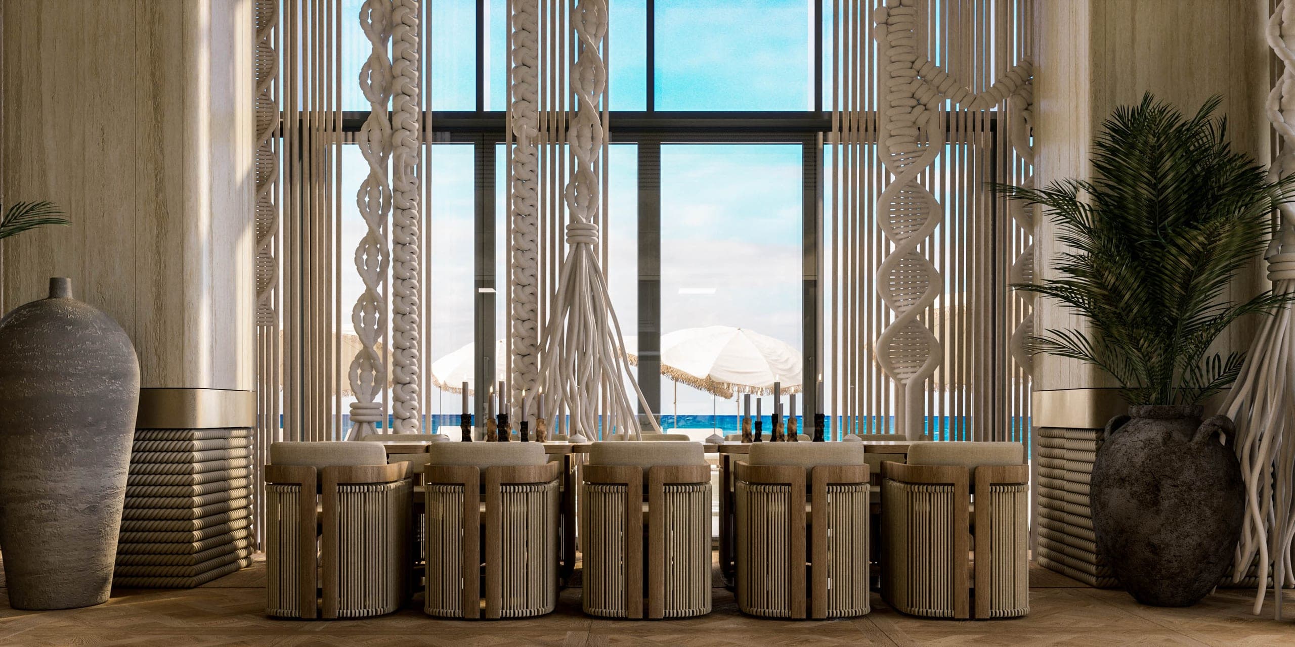 Opera Residence Restaurant: bar stools in front of rope installations and tall sea-view windows