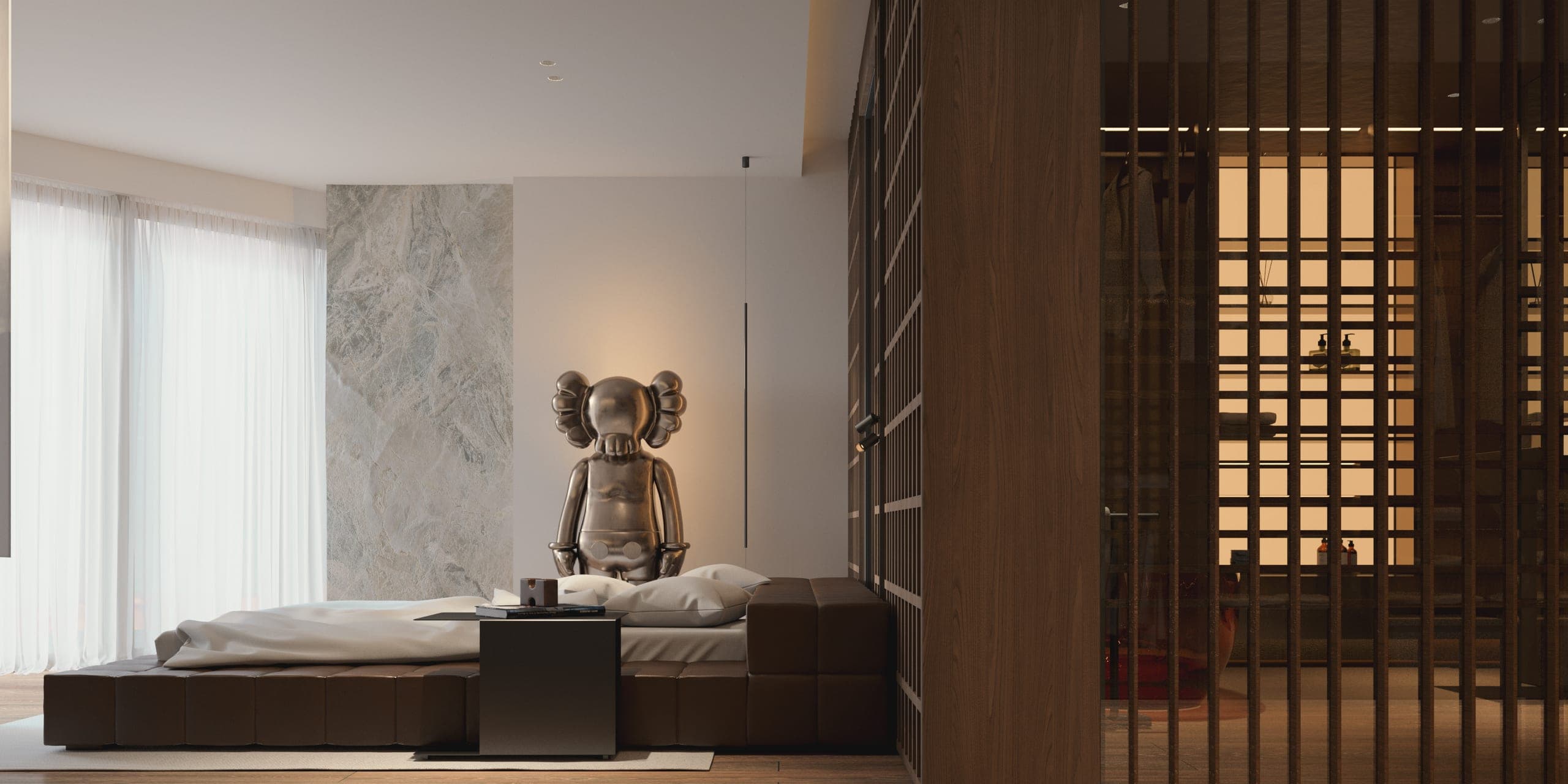Opera Residence Apartment: bedroom seen past a slatted timber screen, with a bronze art figure beside the bed