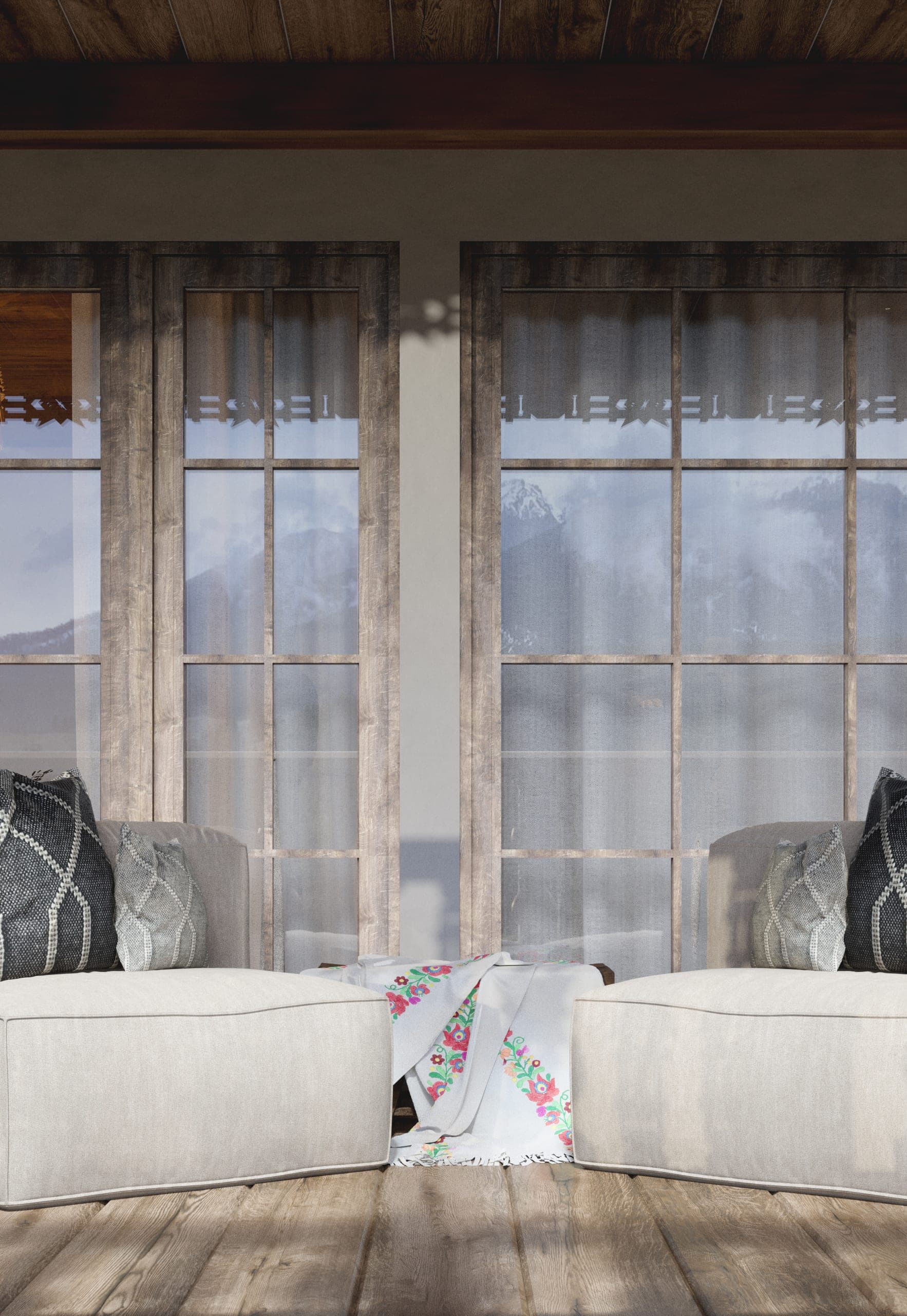 Matca private villa: twin sofas in front of tall windows with sheer curtains