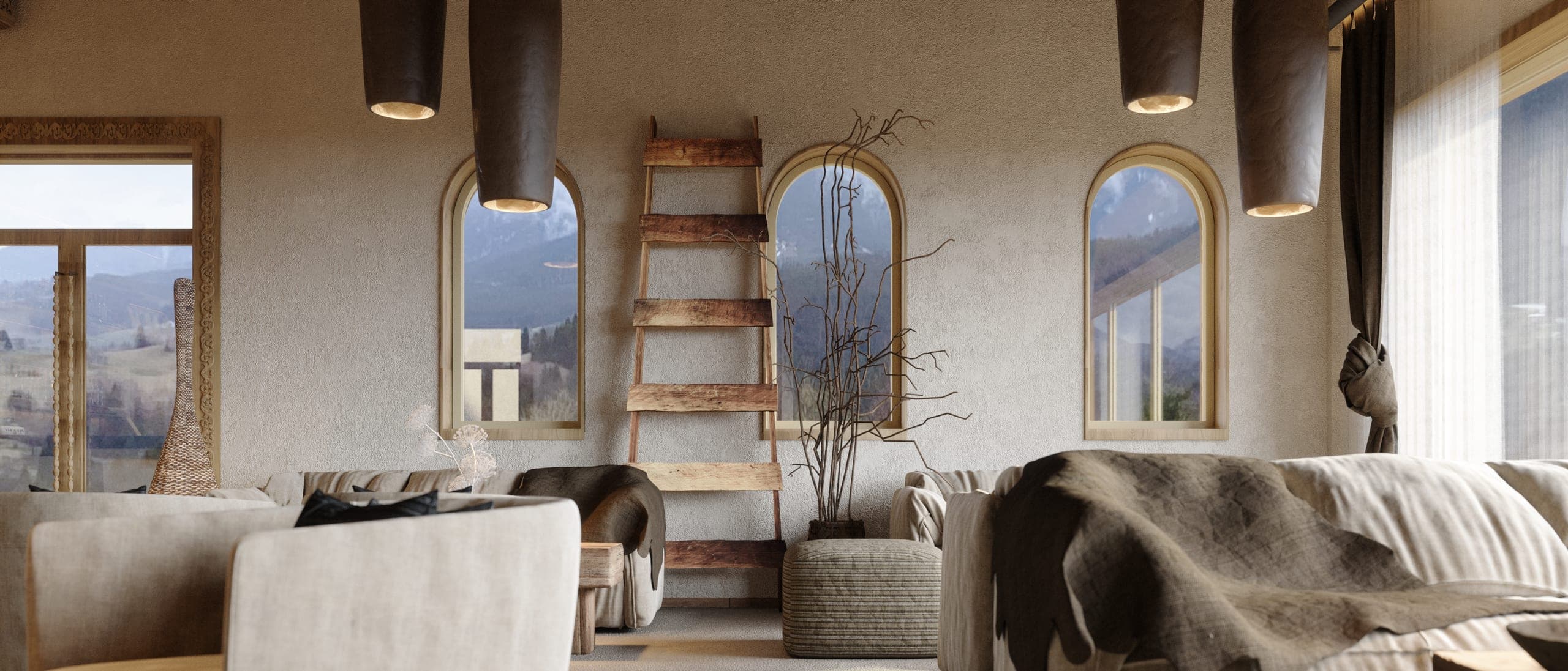 Matca lounge: cream sofas beneath arched windows onto the mountains, a timber ladder between