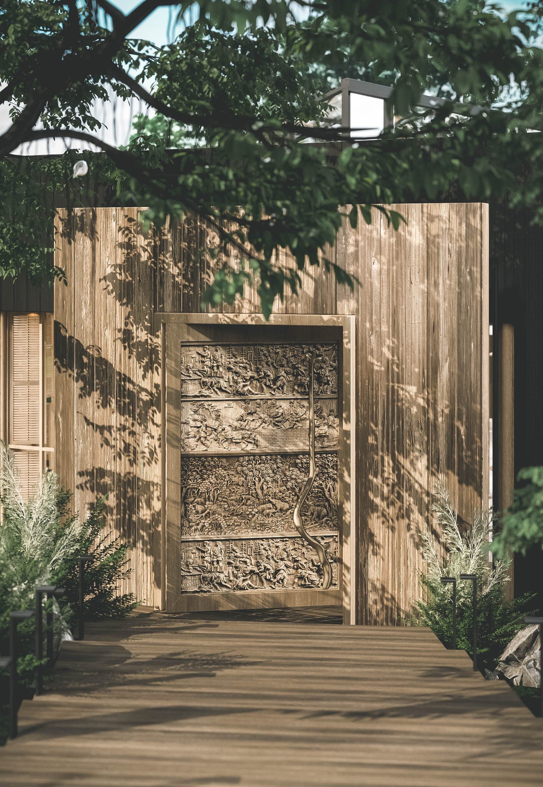 Bosco: timber entrance with a carved door