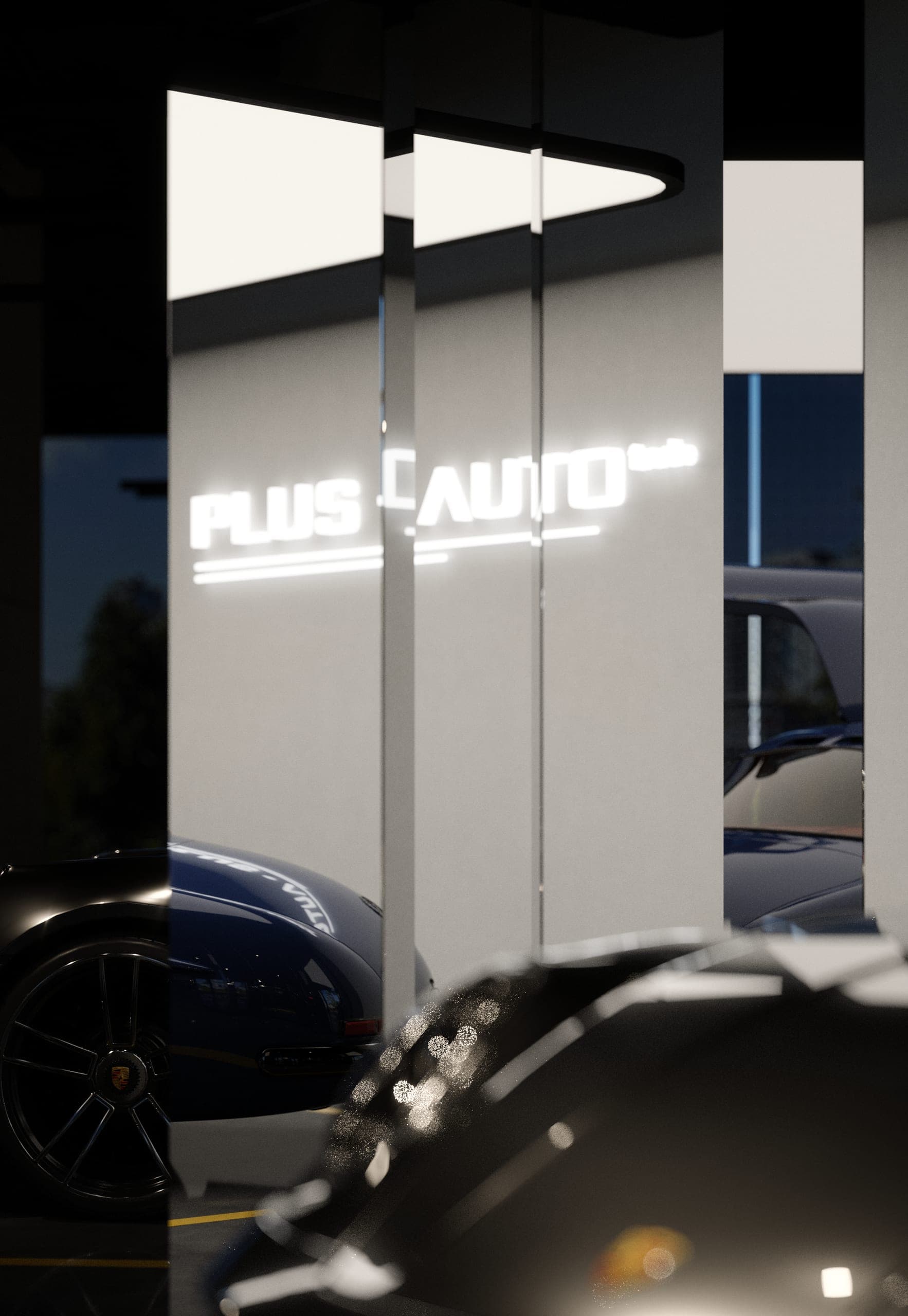 Plus Auto: illuminated sign on a light wall, reflected in a dark car body