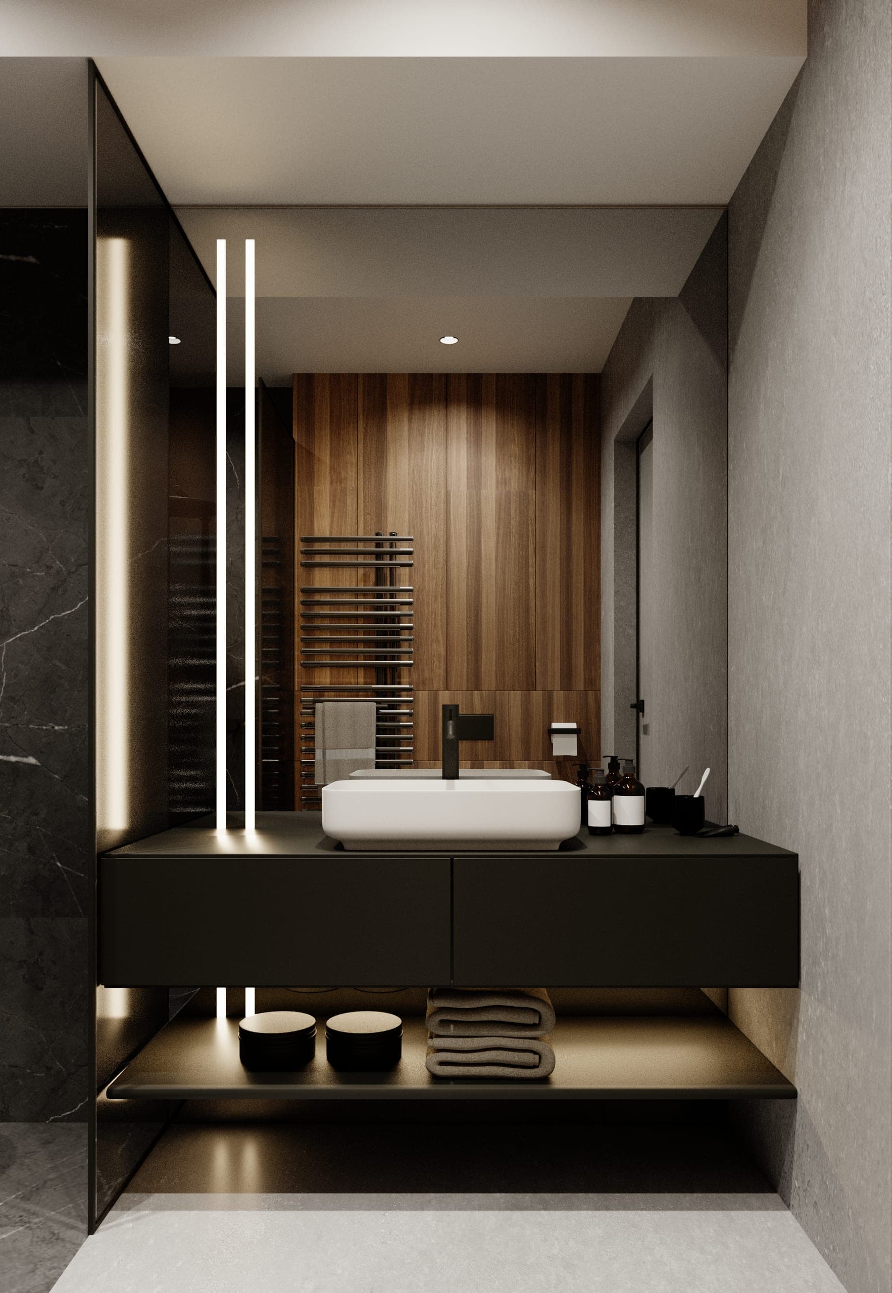 Pitești Apartment: bathroom vanity with a white basin, vertical light lines and timber panelling