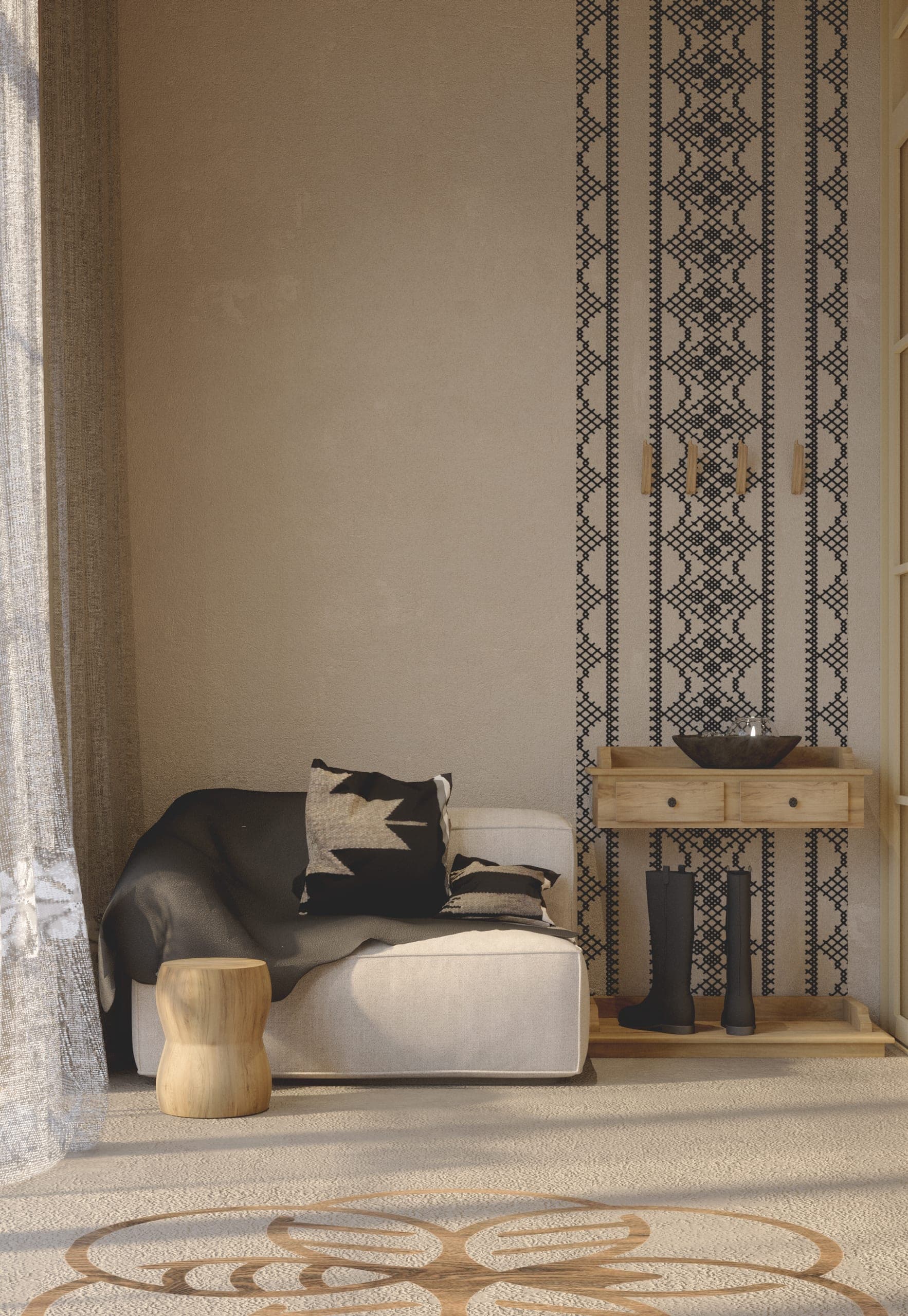 Matca lobby: woven folk-textile panel above a sheepskin daybed