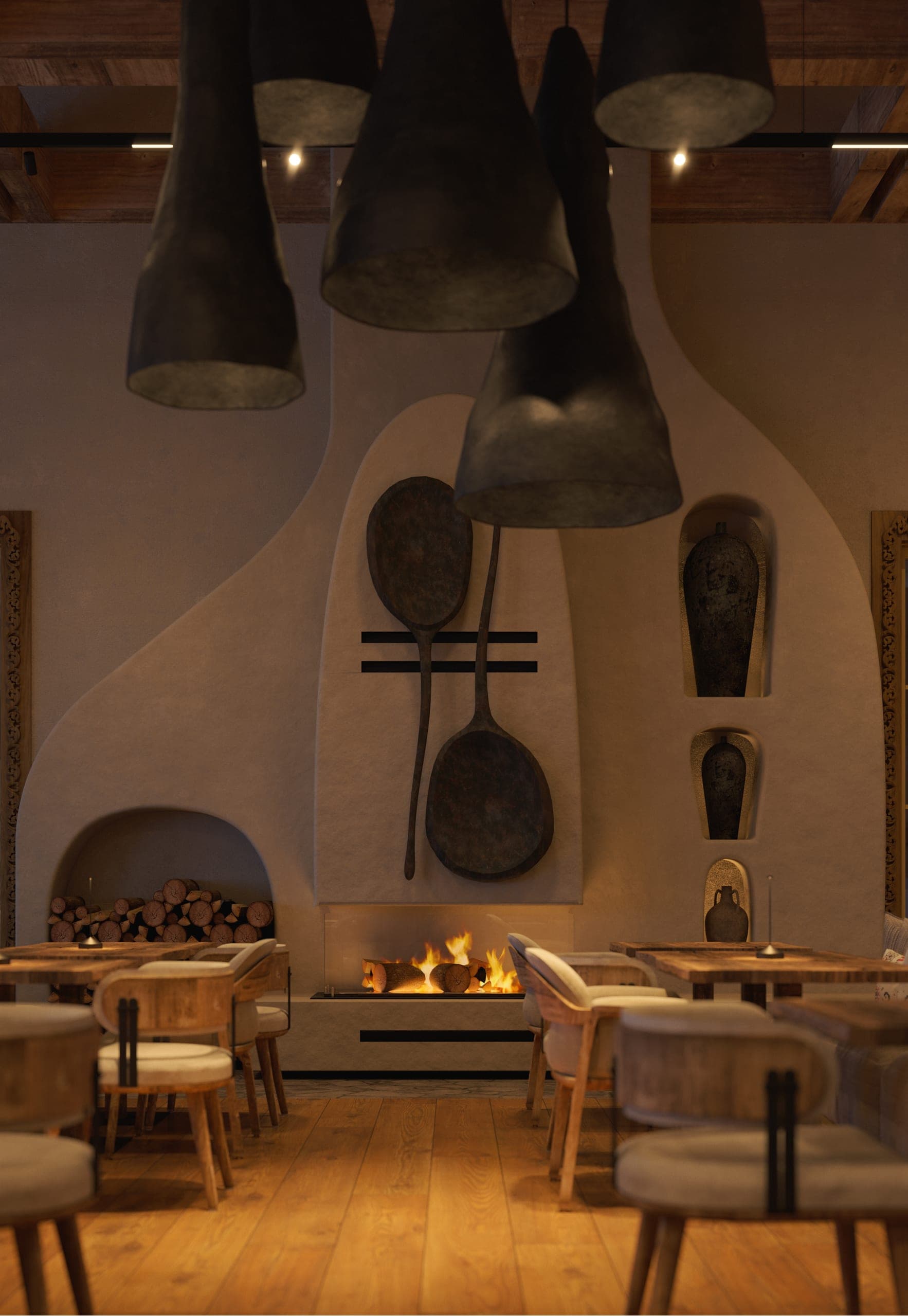 Stup Restaurant in the evening: fireplace wall with dark pendants