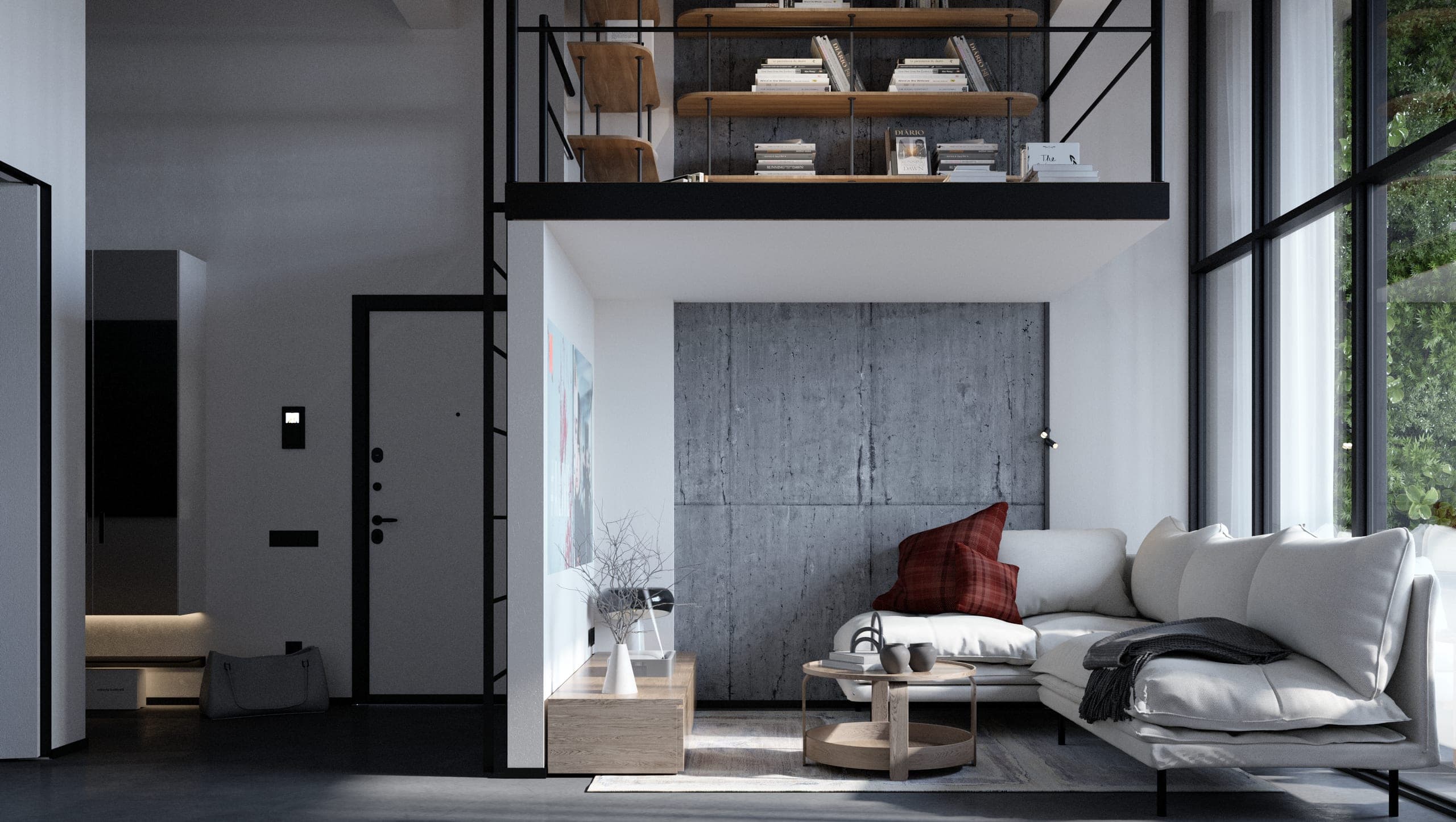 Plauen Apartment: double-height living space with a white sofa below a mezzanine library