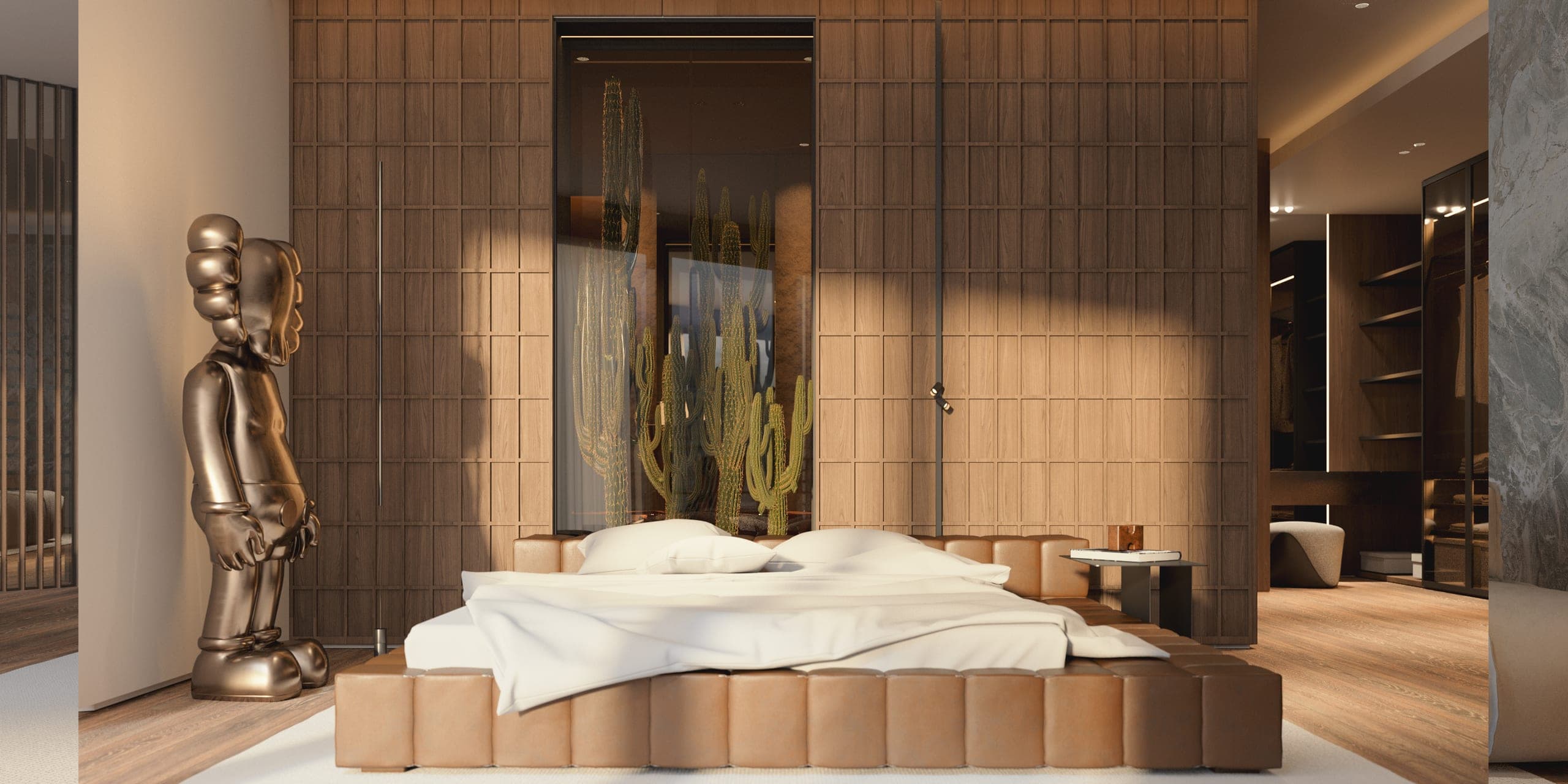 Opera Residence Apartment: bed on an upholstered platform in front of a glazed cactus garden, a bronze art figure beside it