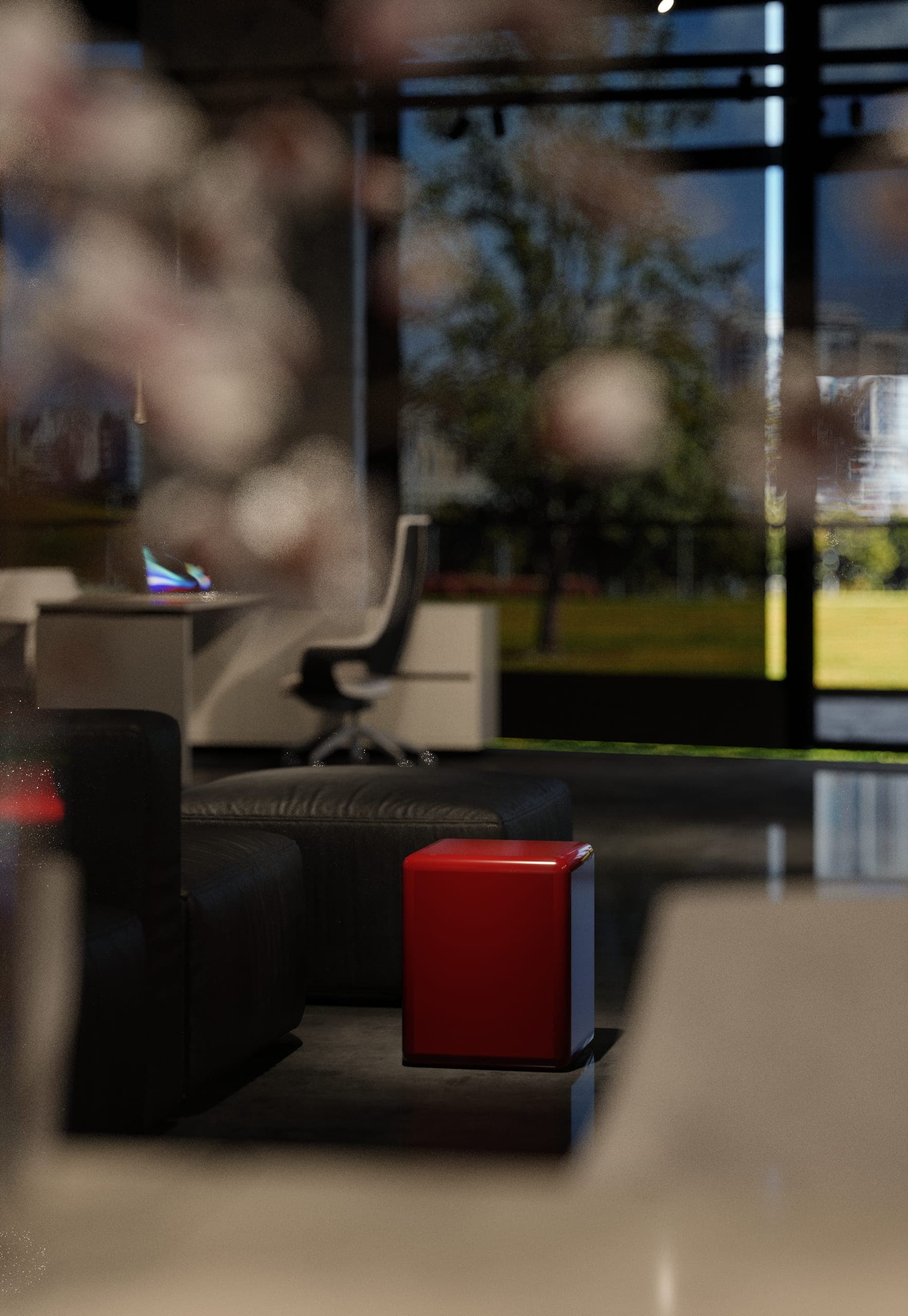 Plus Auto: lounge and desk seen past flowering branches