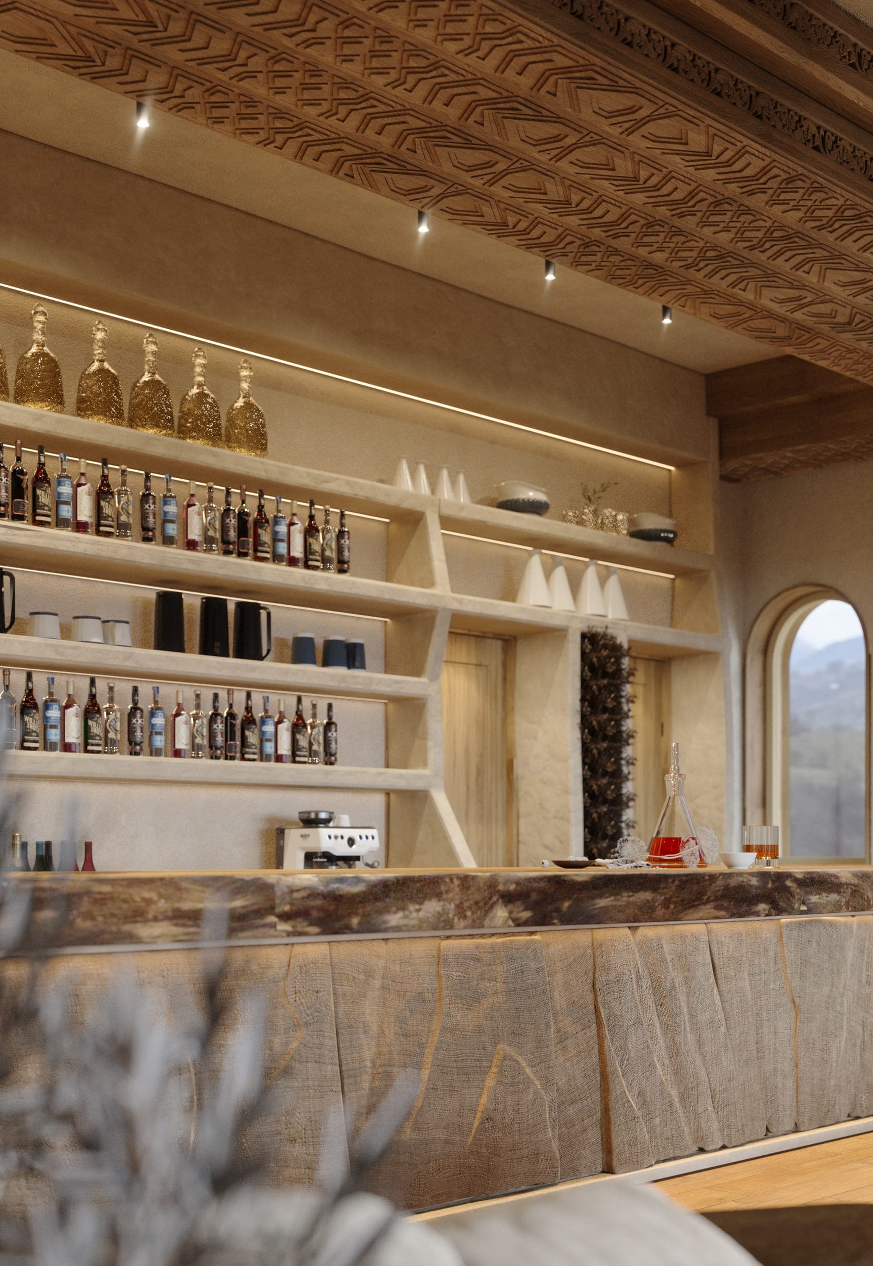 Matca lounge: bar with a rough timber counter and lit bottle shelves beneath a carved ceiling