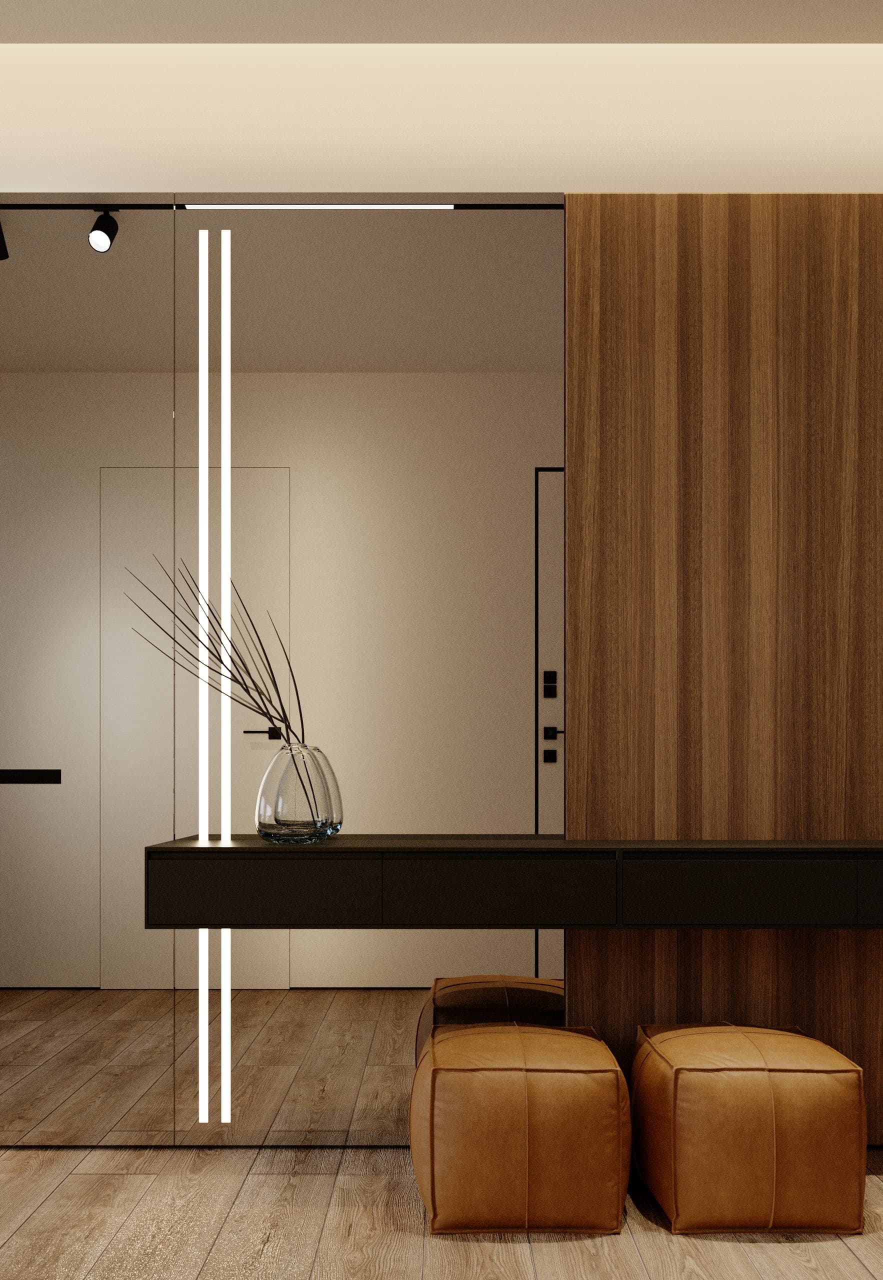 Pitești Apartment: hallway with a dark console, vertical light lines and tan leather poufs