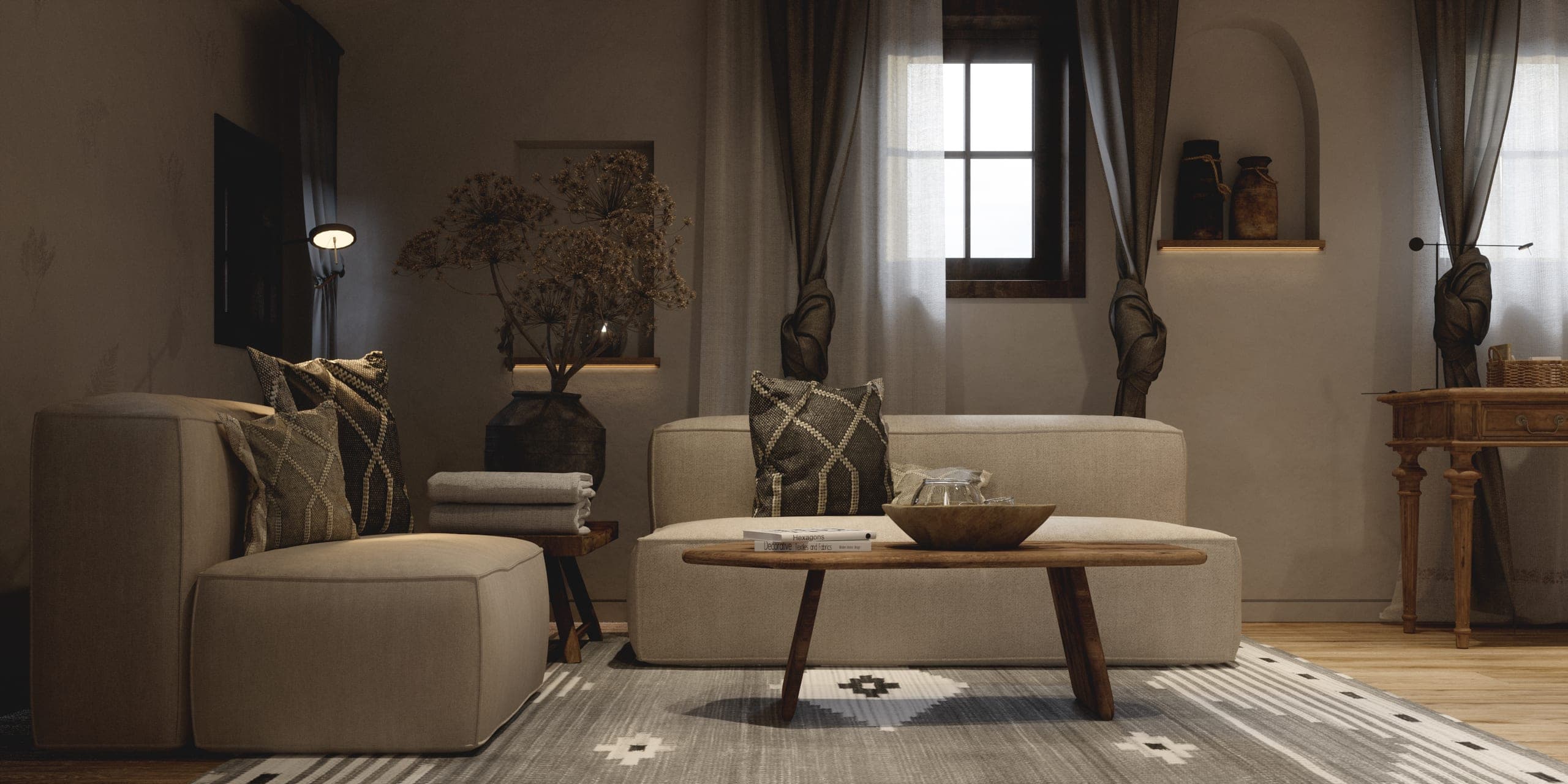 Matca guest room: sitting area with cream sofas, a timber coffee table and a small window