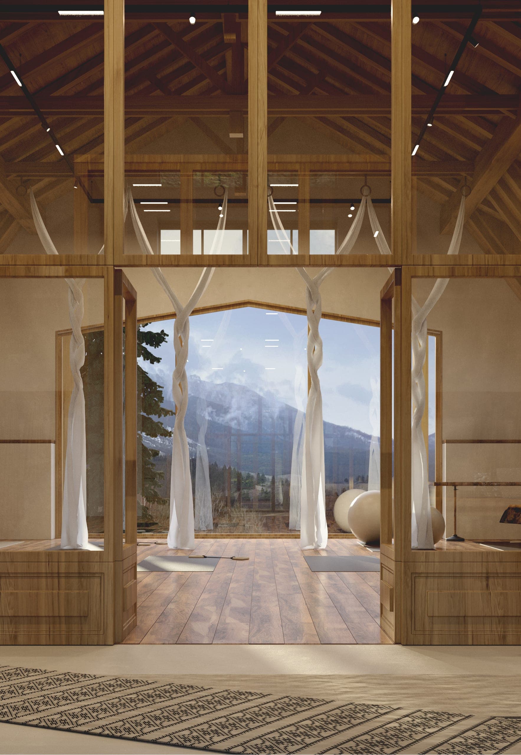 Fitness Studio: open doors framing a mountain view, aerial silks either side