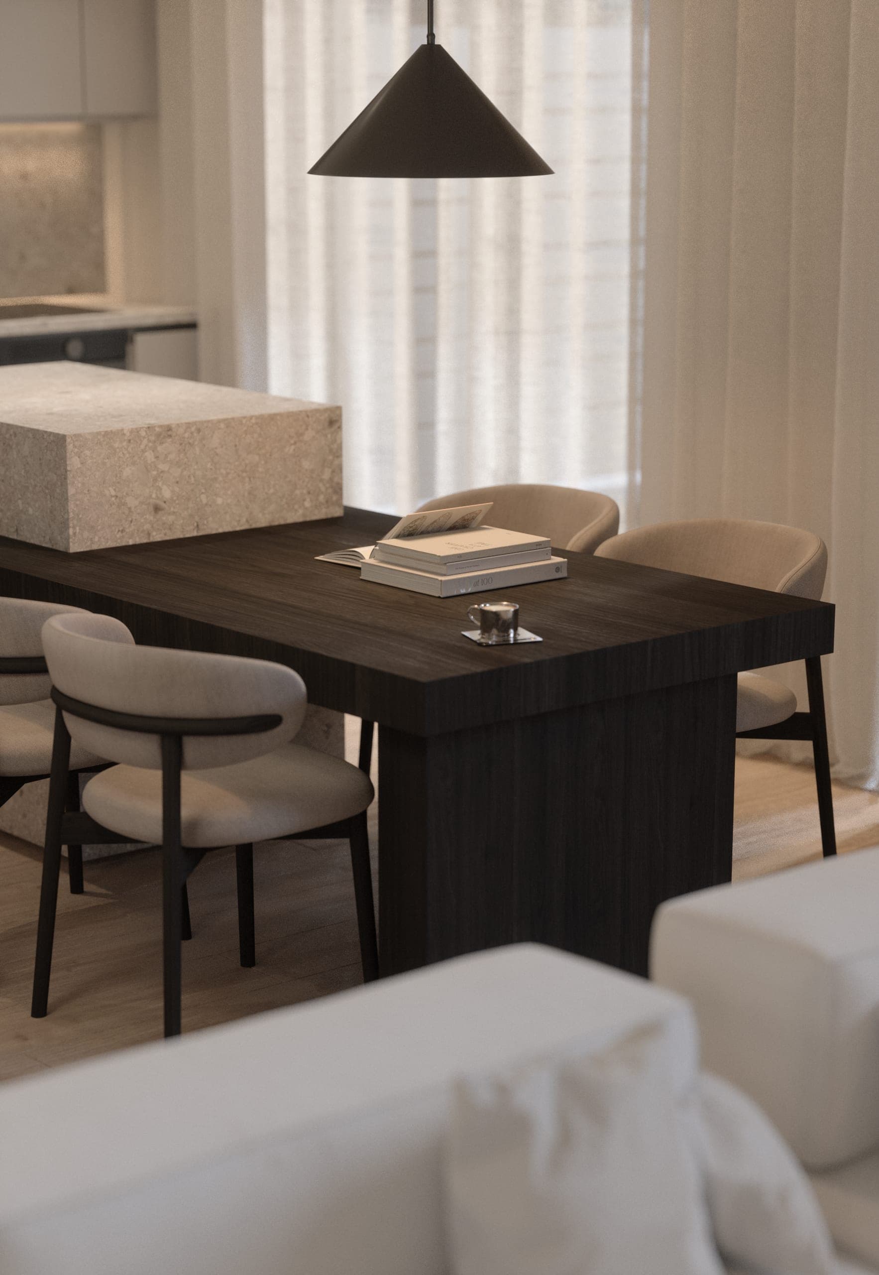 Băneasa House: dark timber dining table with curved upholstered chairs under a black cone pendant