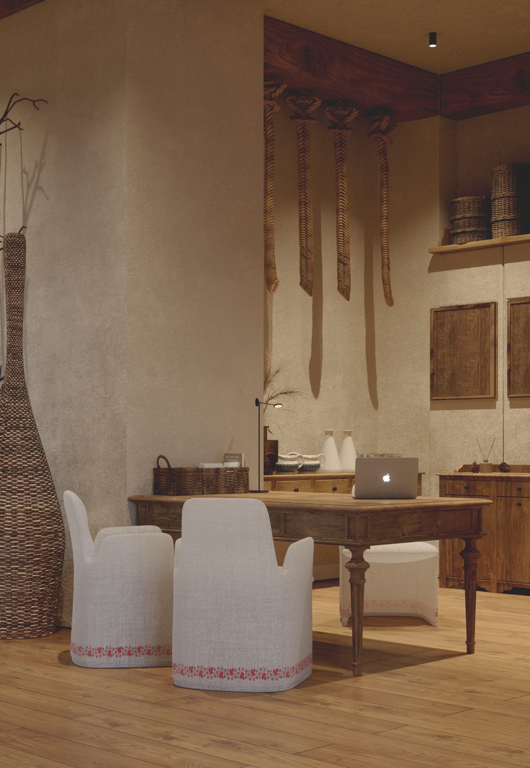 Matca reception: timber desk, upholstered chairs and hanging woven pieces