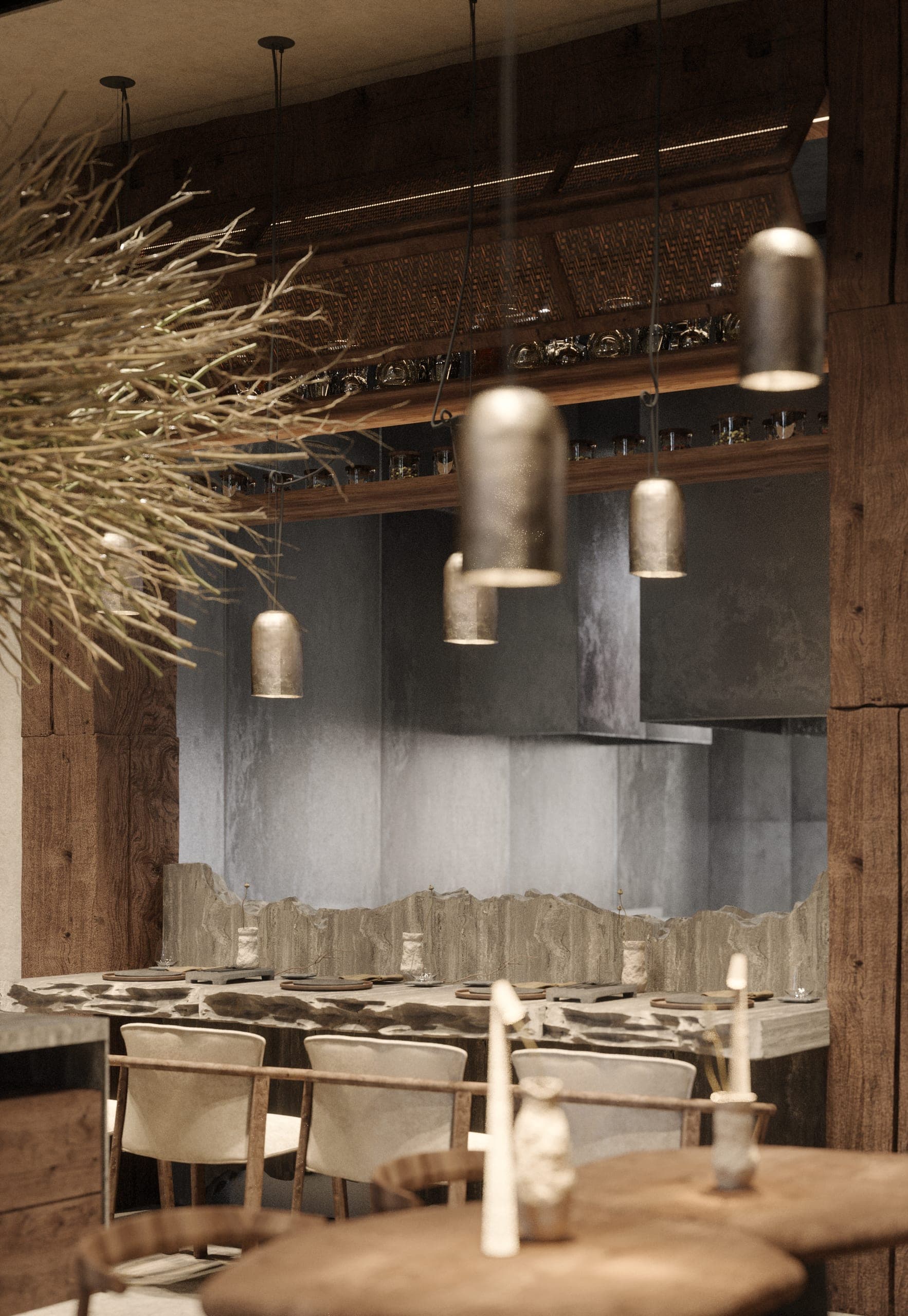 éto: bell-shaped metal pendants above the counter in front of the open kitchen