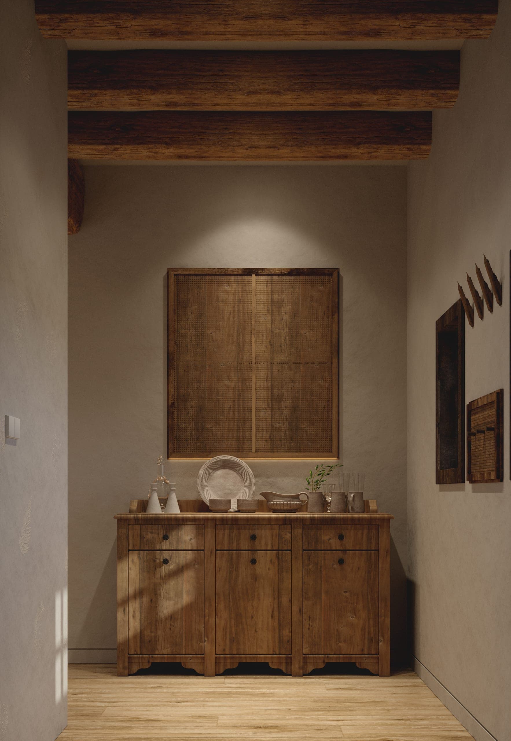 Matca guest room: carved timber cabinet beneath a beamed ceiling