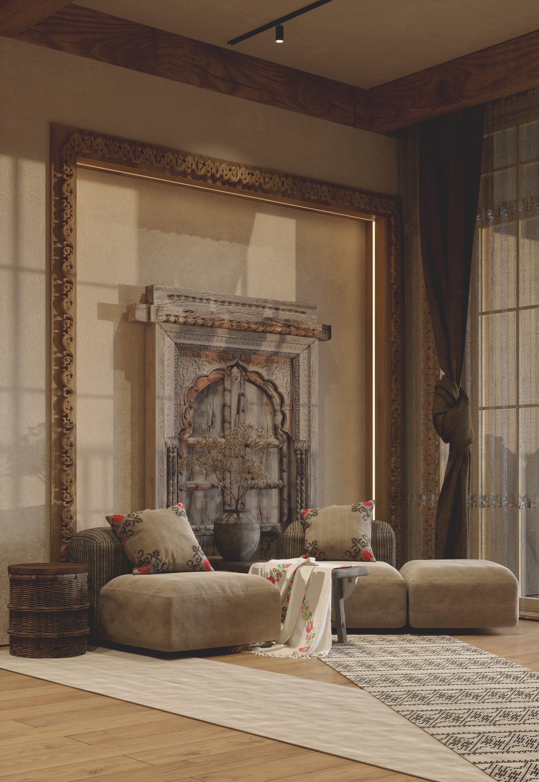 Matca lobby: carved antique door panel framed on the wall above a low sofa