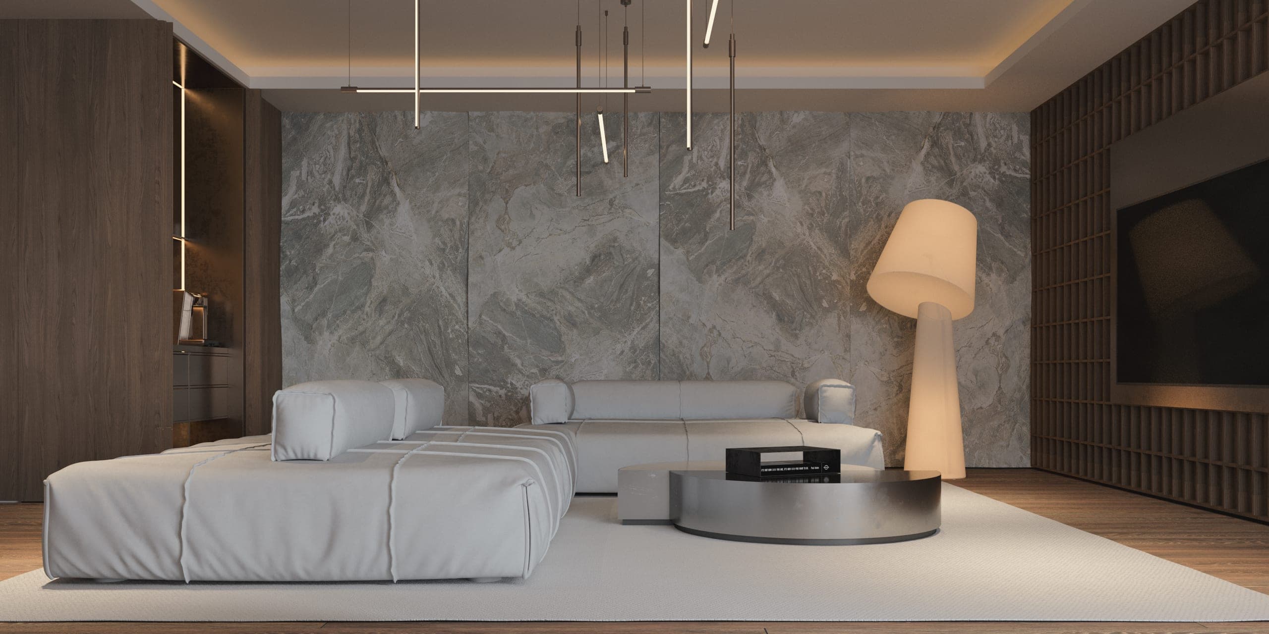Opera Residence Apartment: living room with a pale modular sofa, stone wall and sculptural floor lamp