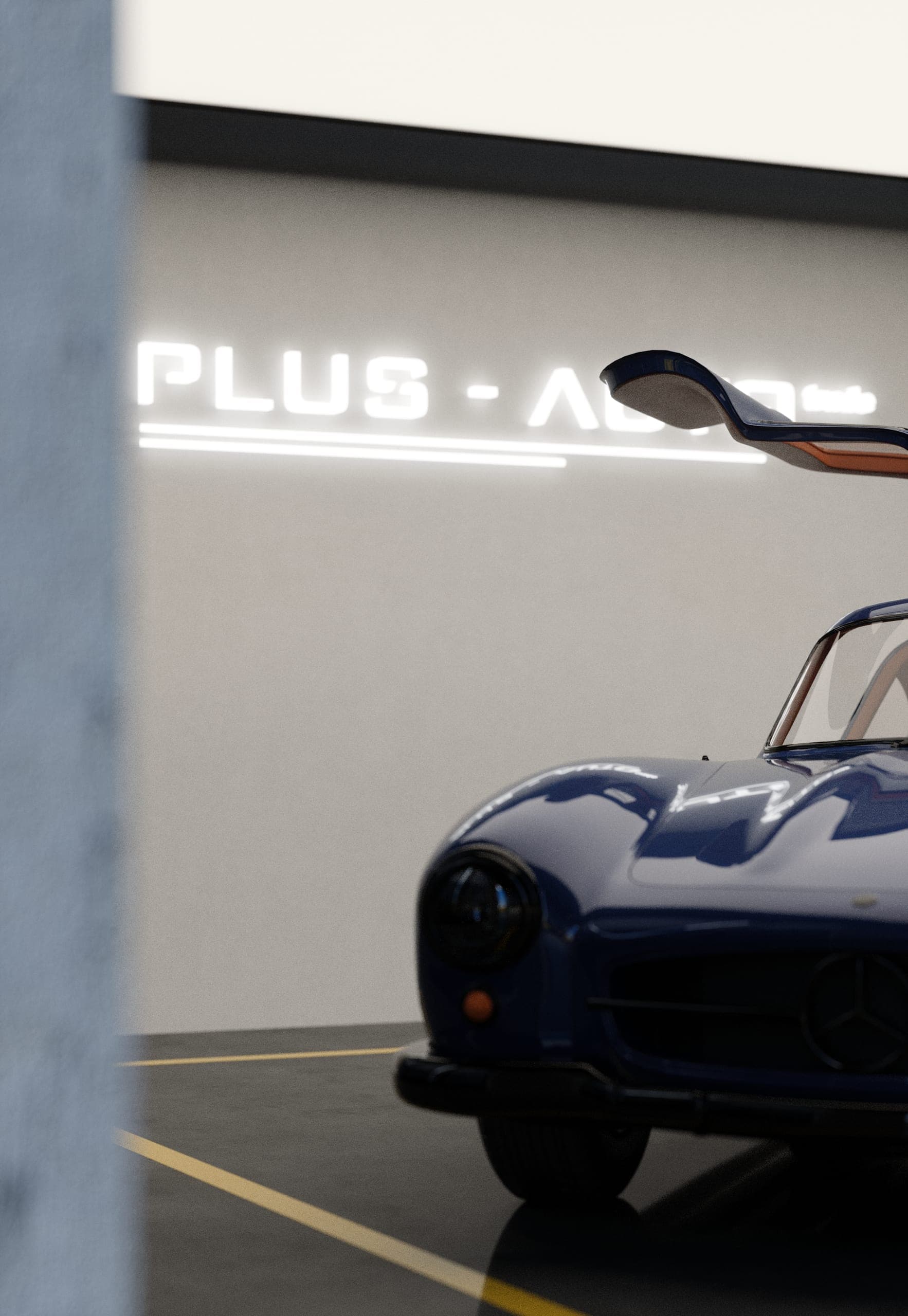 Plus Auto: classic blue coupé in front of the illuminated Plus Auto sign