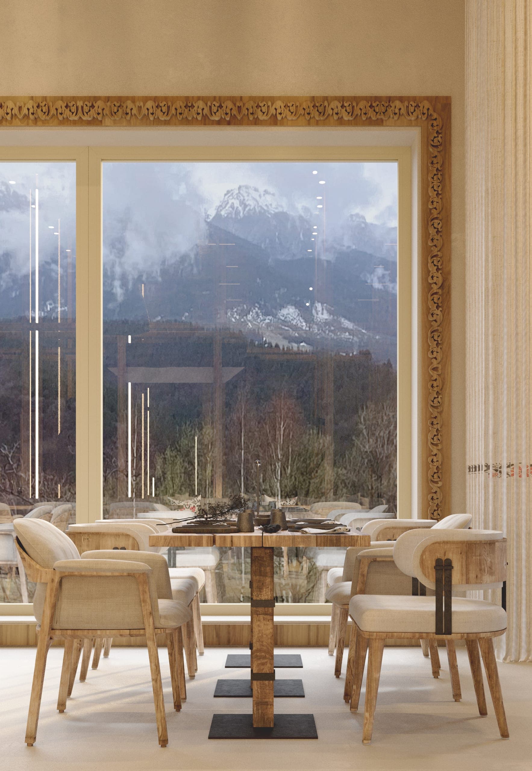 Stup Restaurant: dining table by a carved-frame window with mountain views