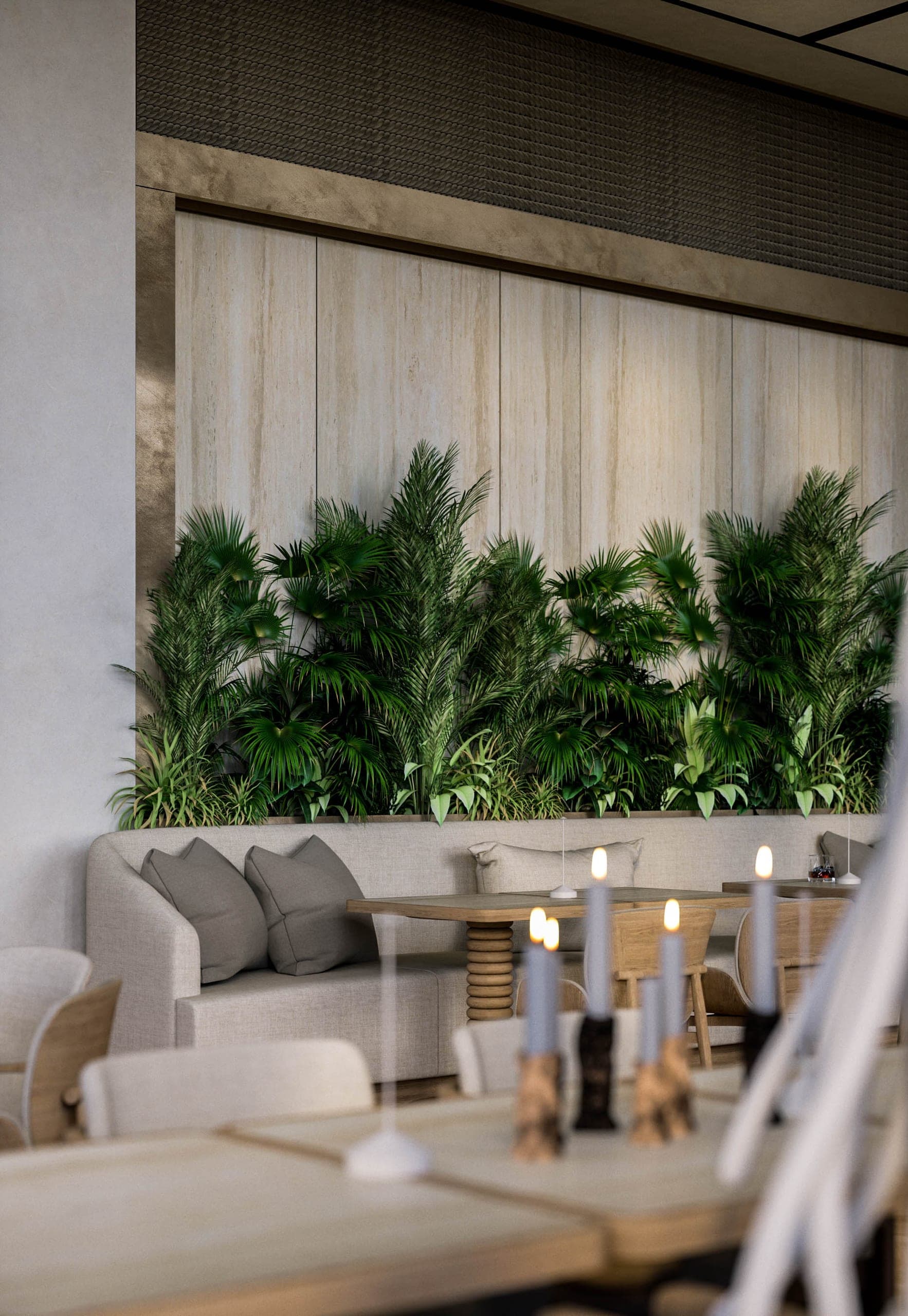 Opera Residence Restaurant: banquette seating against a planted wall with sheer curtains