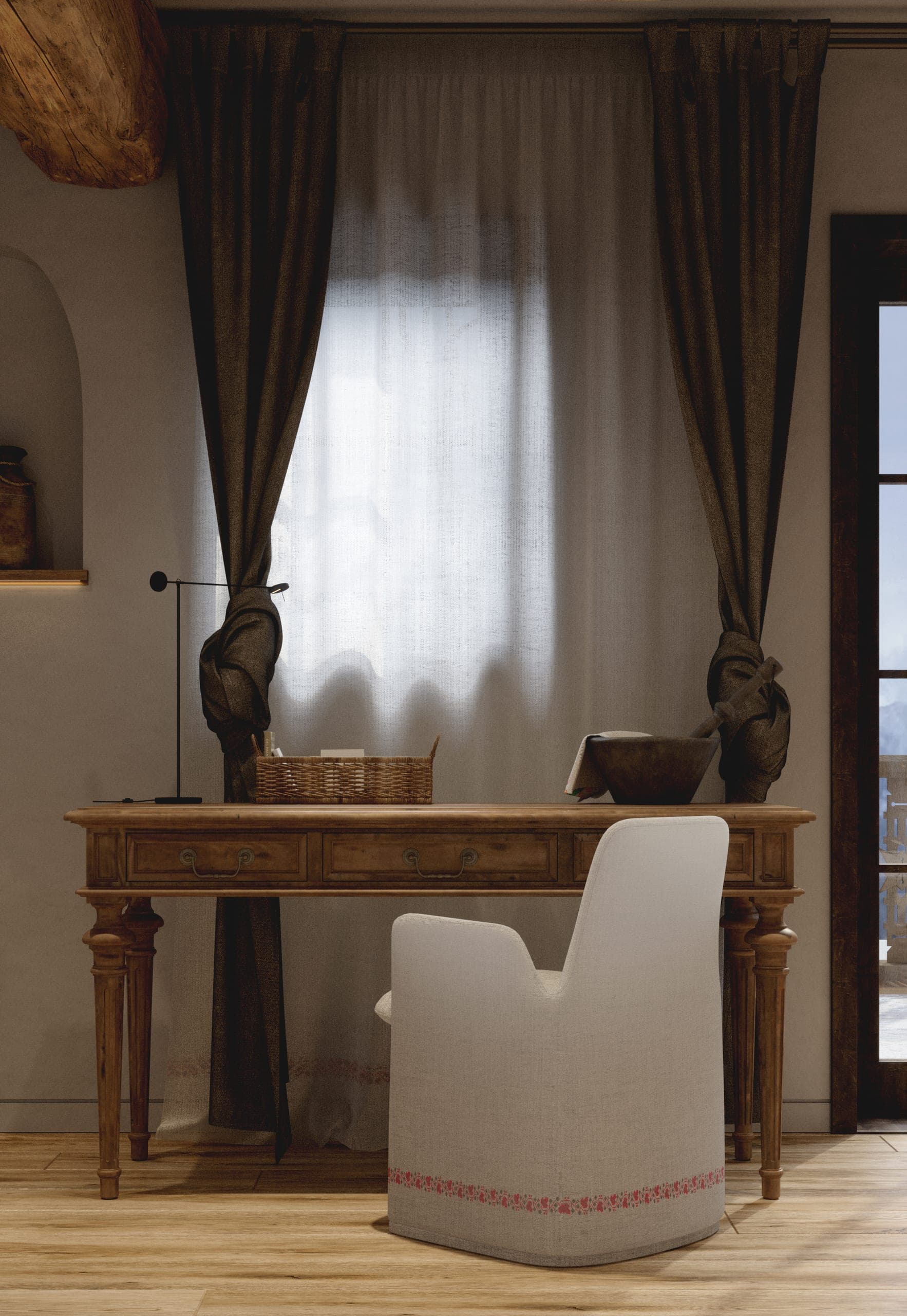 Matca guest room: timber writing desk and upholstered chair by an arched niche
