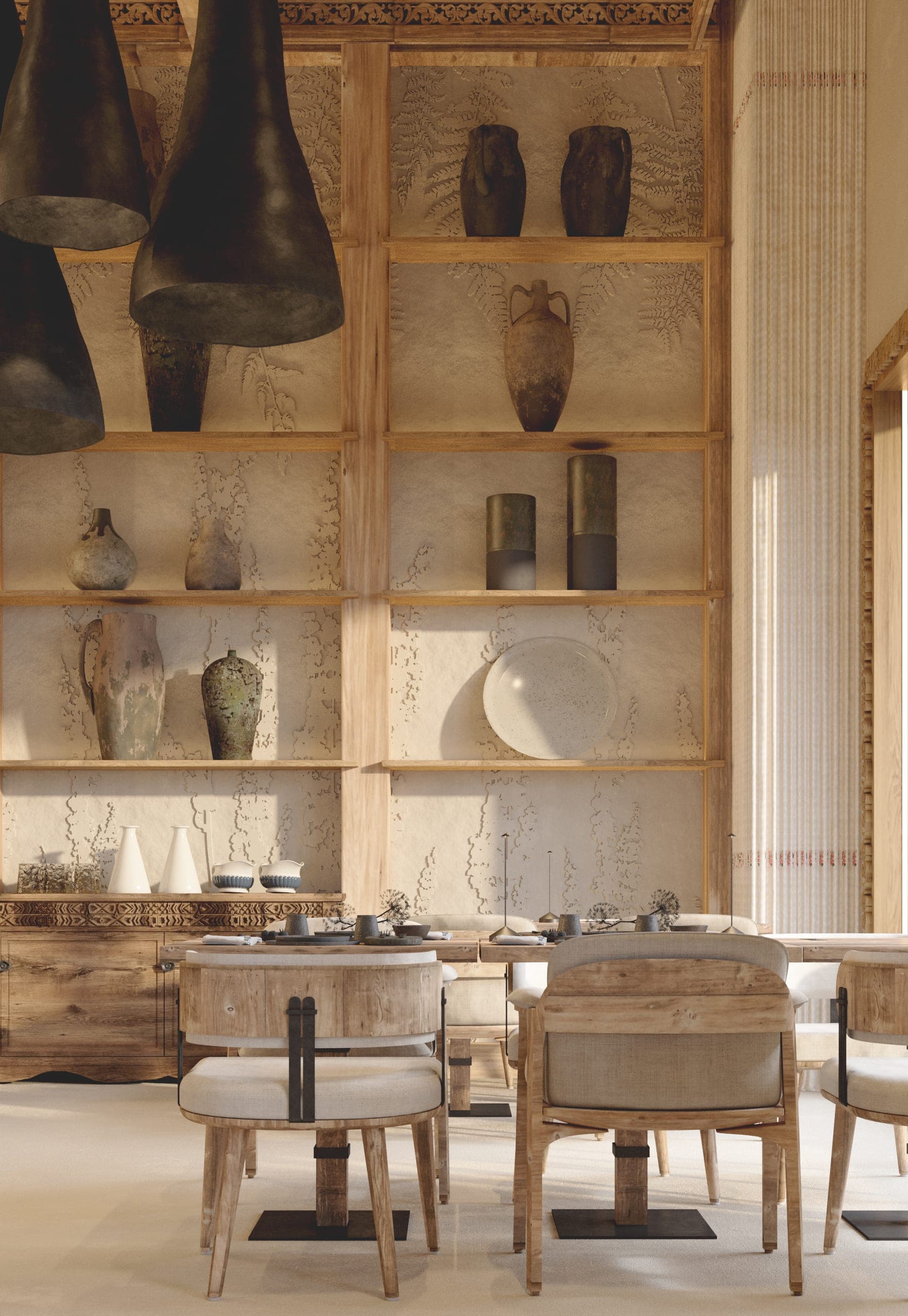 Stup Restaurant: table beside open shelves of ceramics under dark pendants