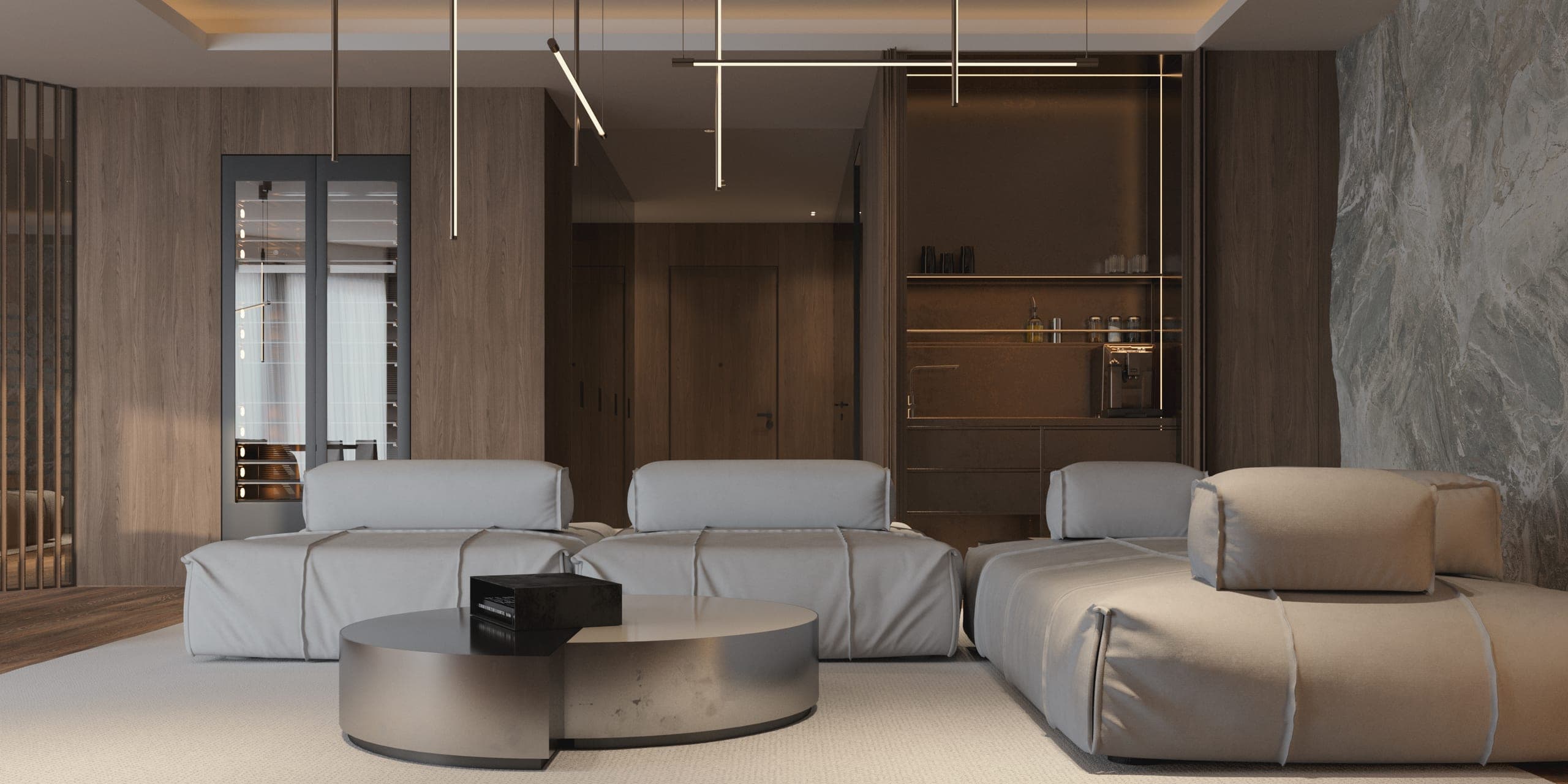 Opera Residence Apartment: living room with modular sofas and dark timber cabinetry