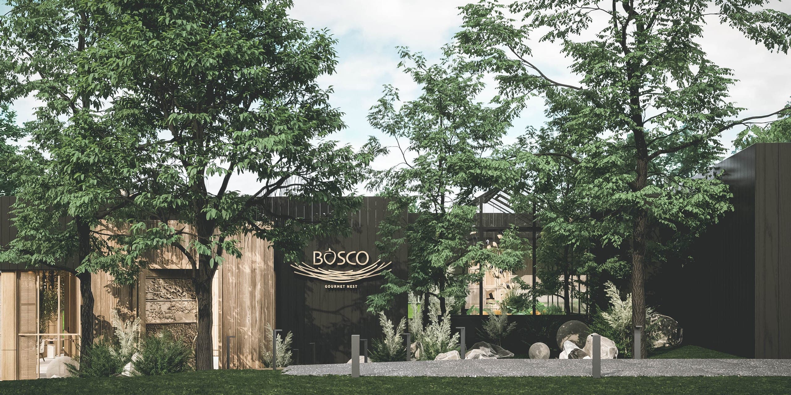 Bosco: timber entrance facade with the Bosco sign among mature trees