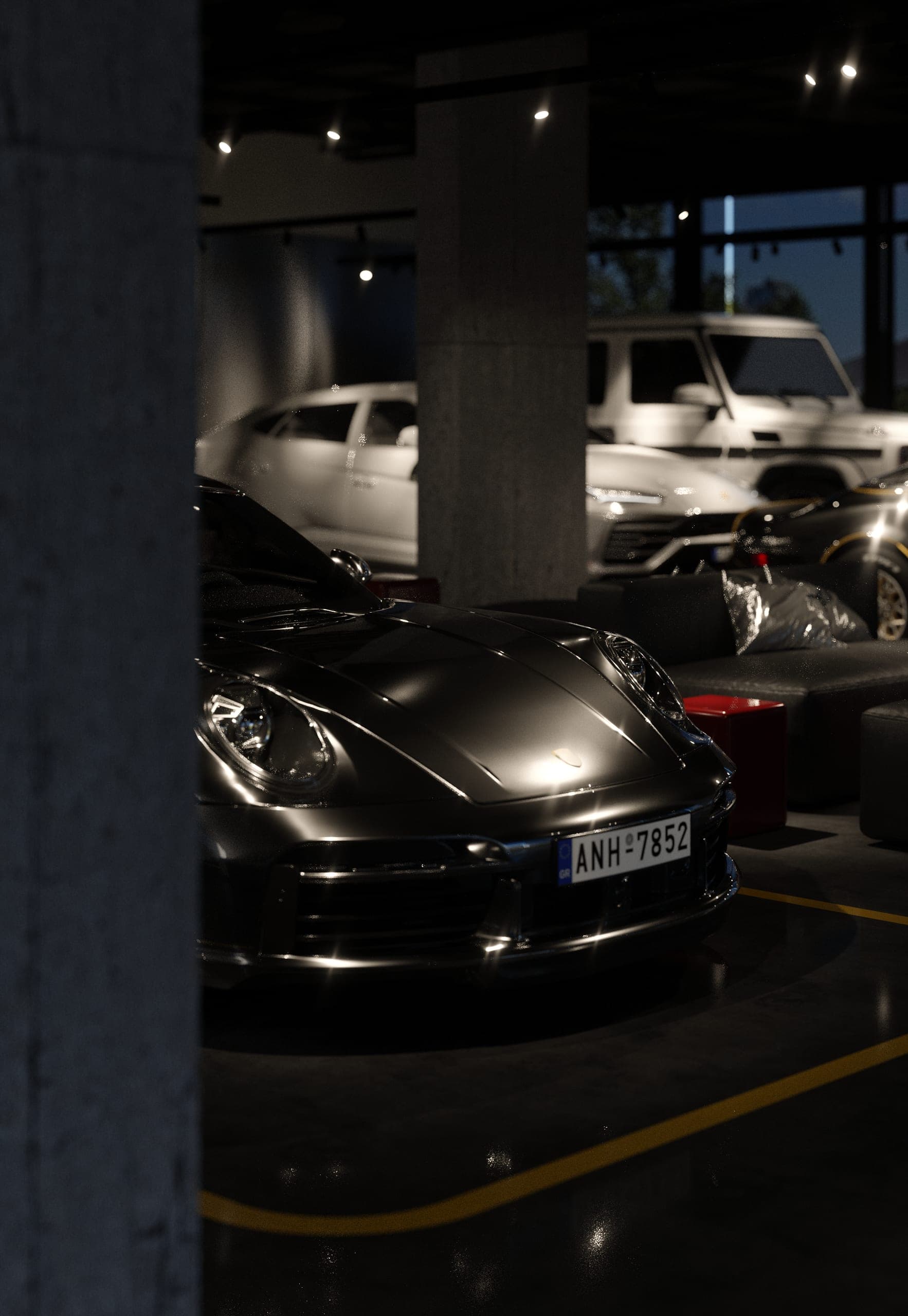 Plus Auto: black sports car beside a concrete column