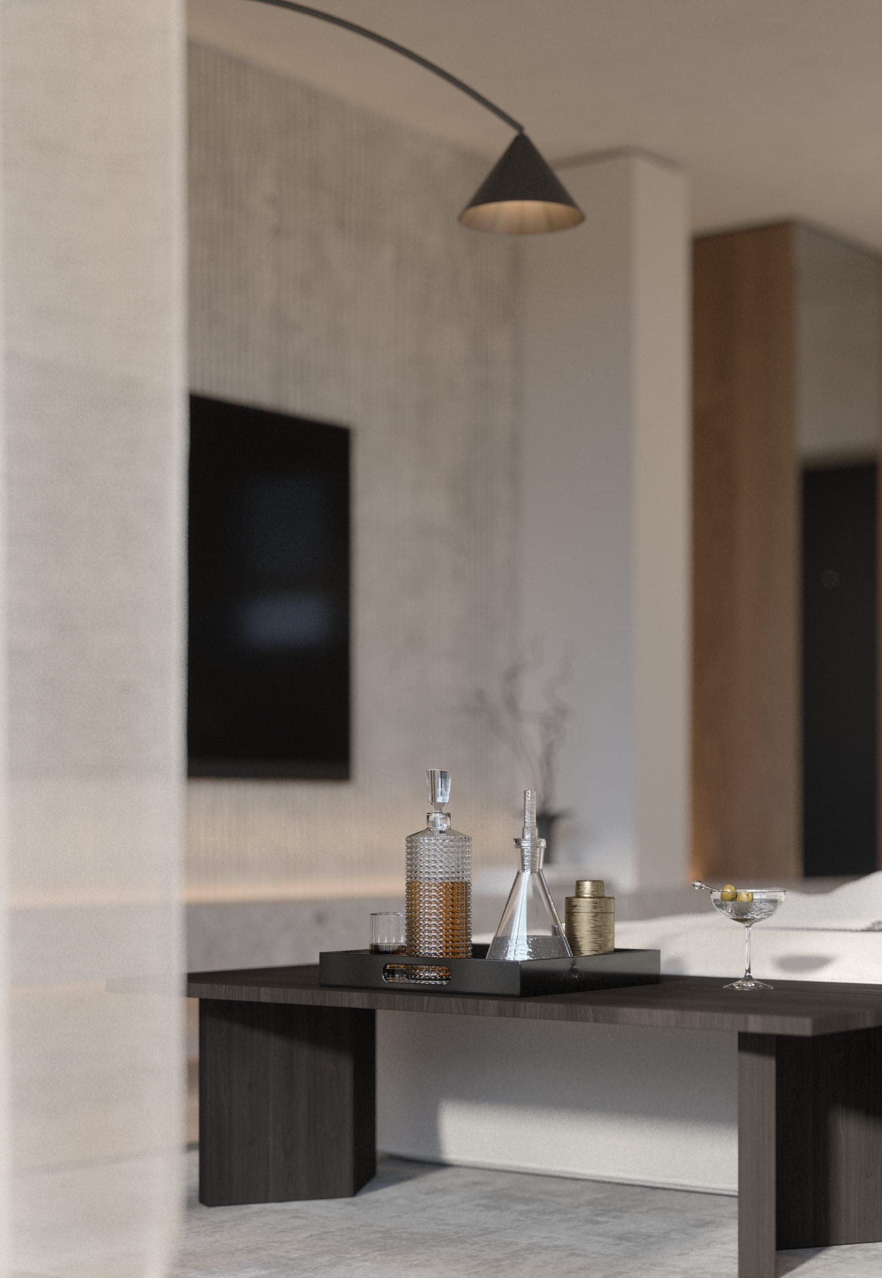 Băneasa House: dark coffee table with glassware in front of the television wall