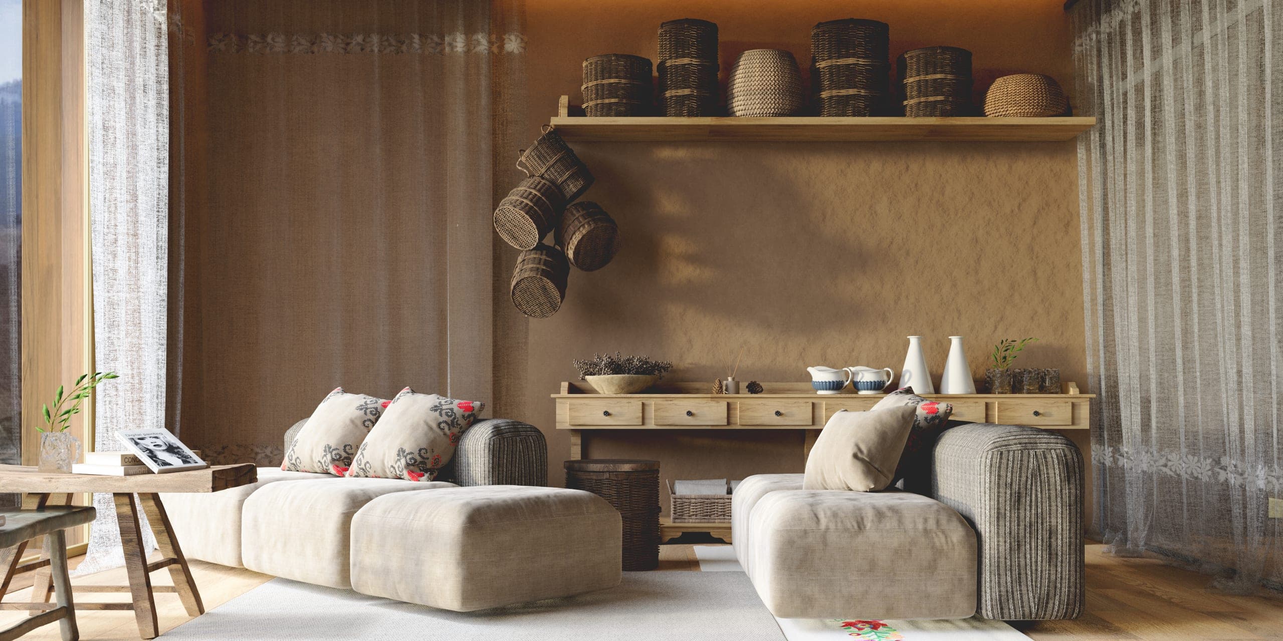 Natura Spa: relaxation lounge with cream sofas and shelves of ceramics