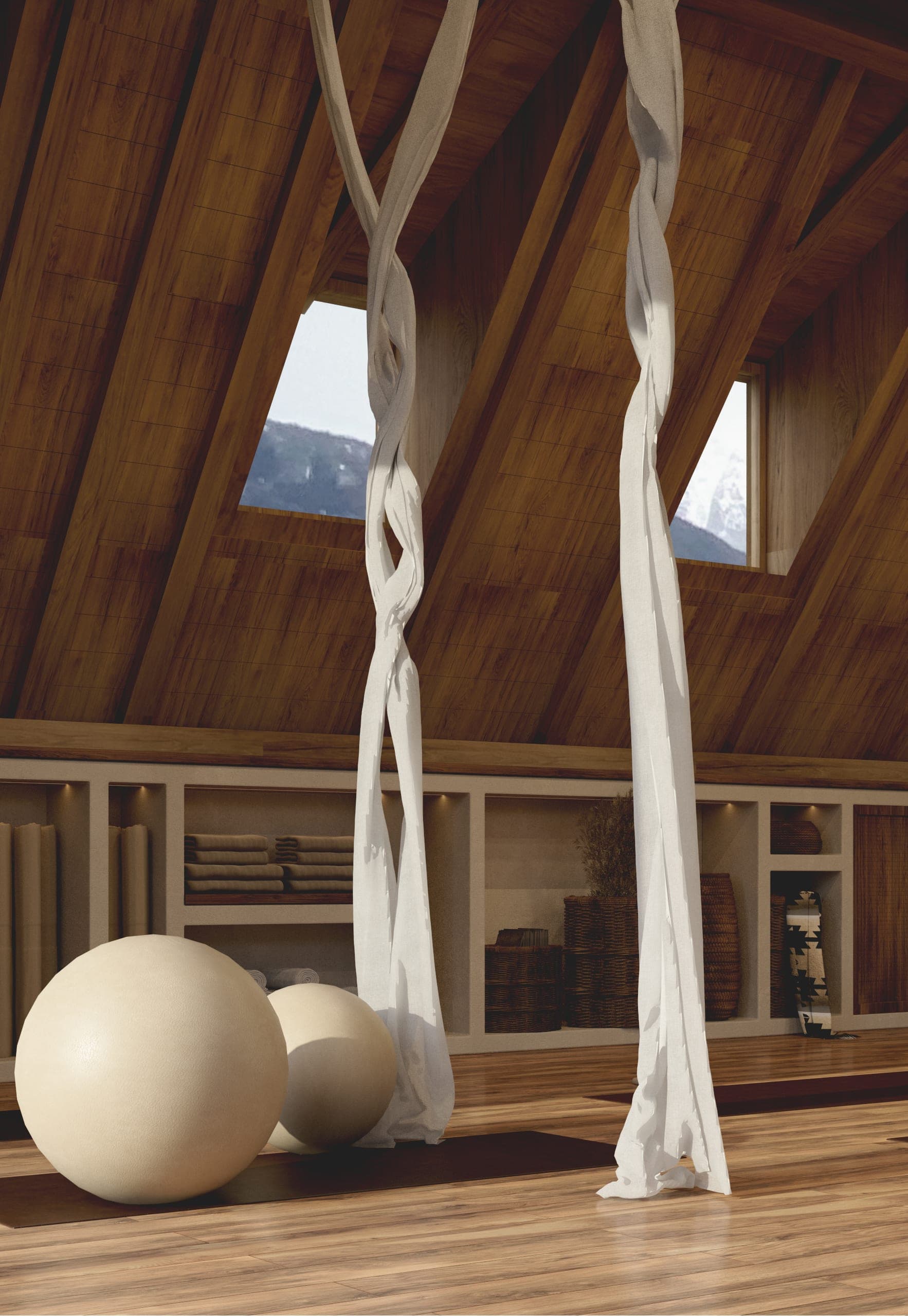 Fitness Studio: aerial silks and exercise balls beneath a pitched timber roof
