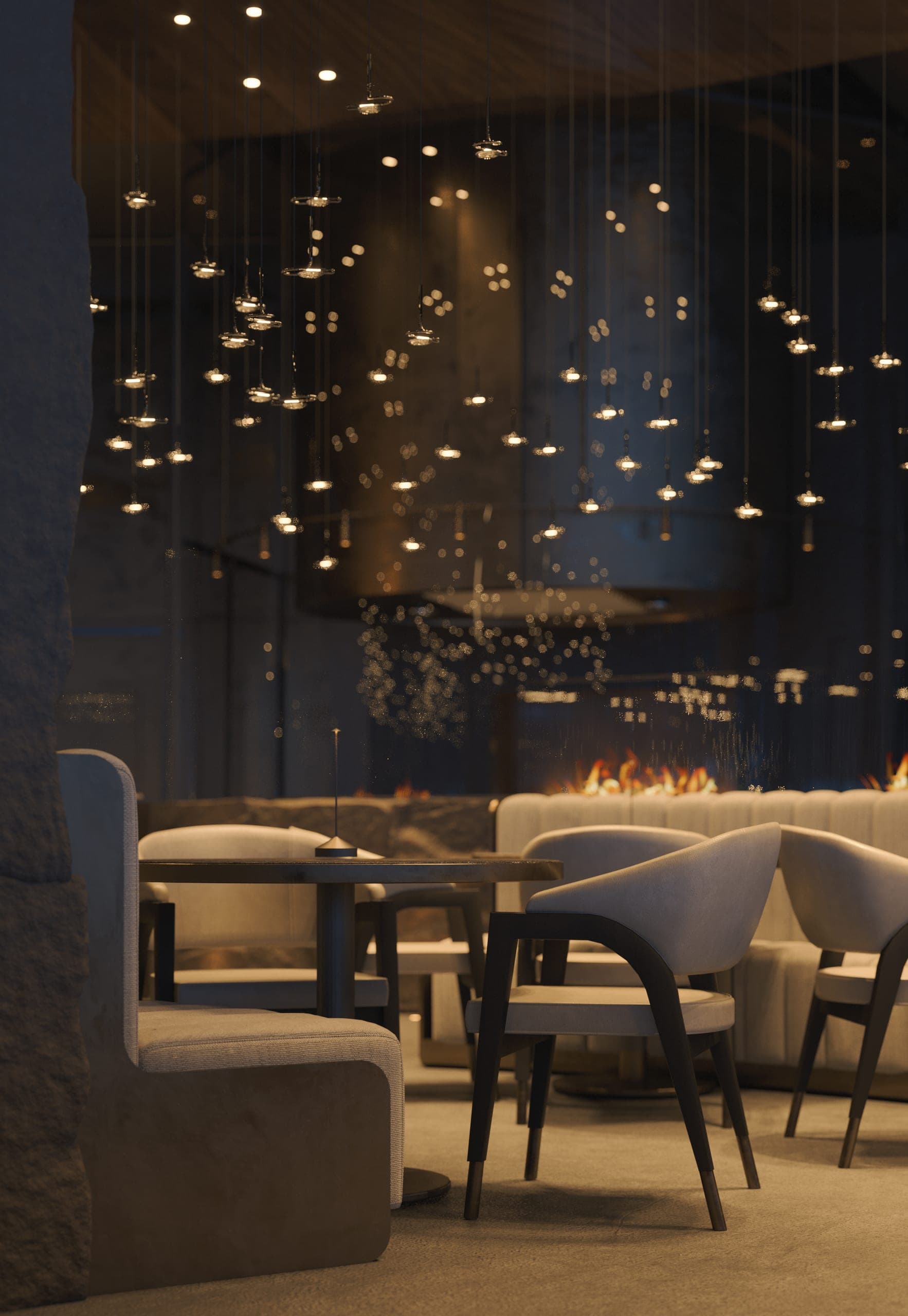 Hotel Peștera restaurant: booth seating under a constellation of pendant lights