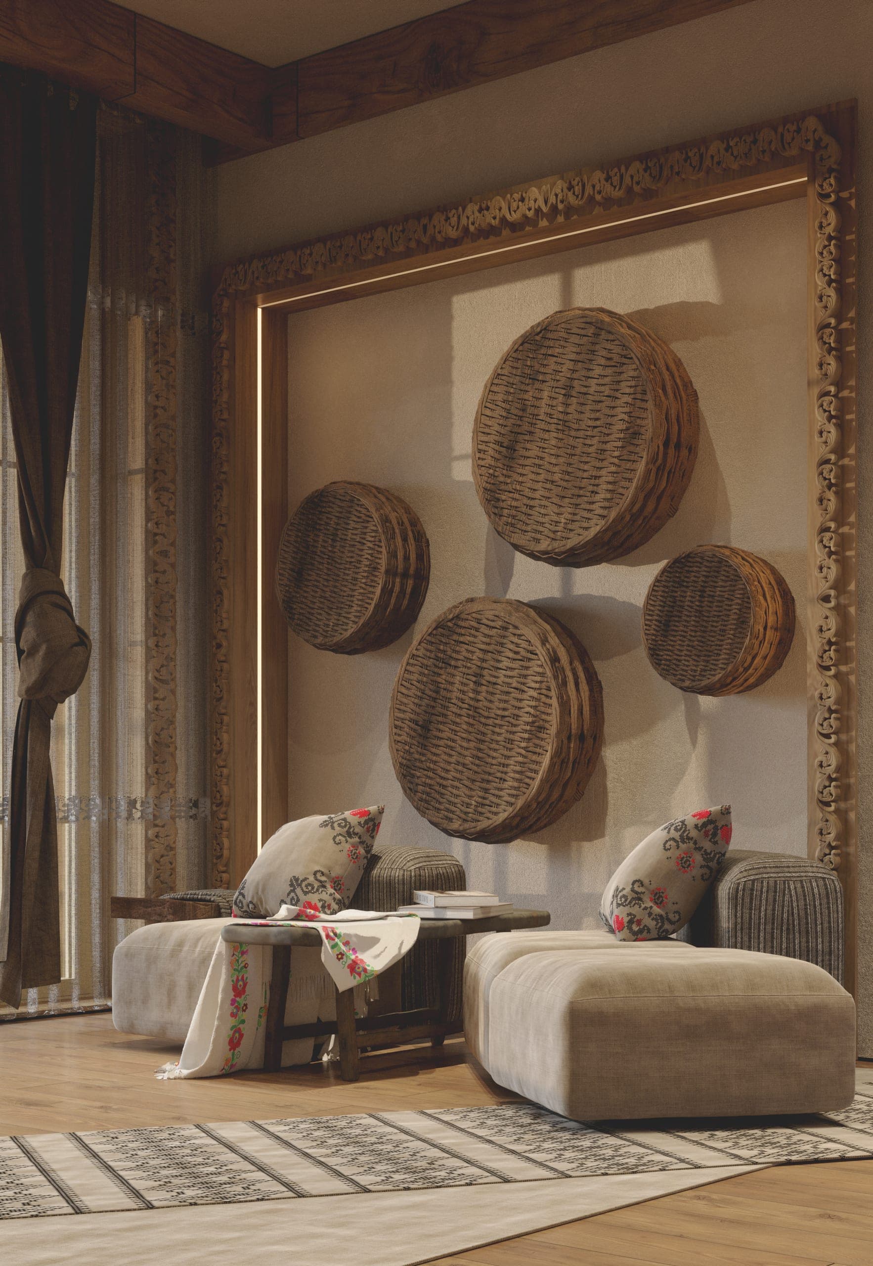 Matca lobby: carved wooden discs displayed on a plaster wall above a daybed