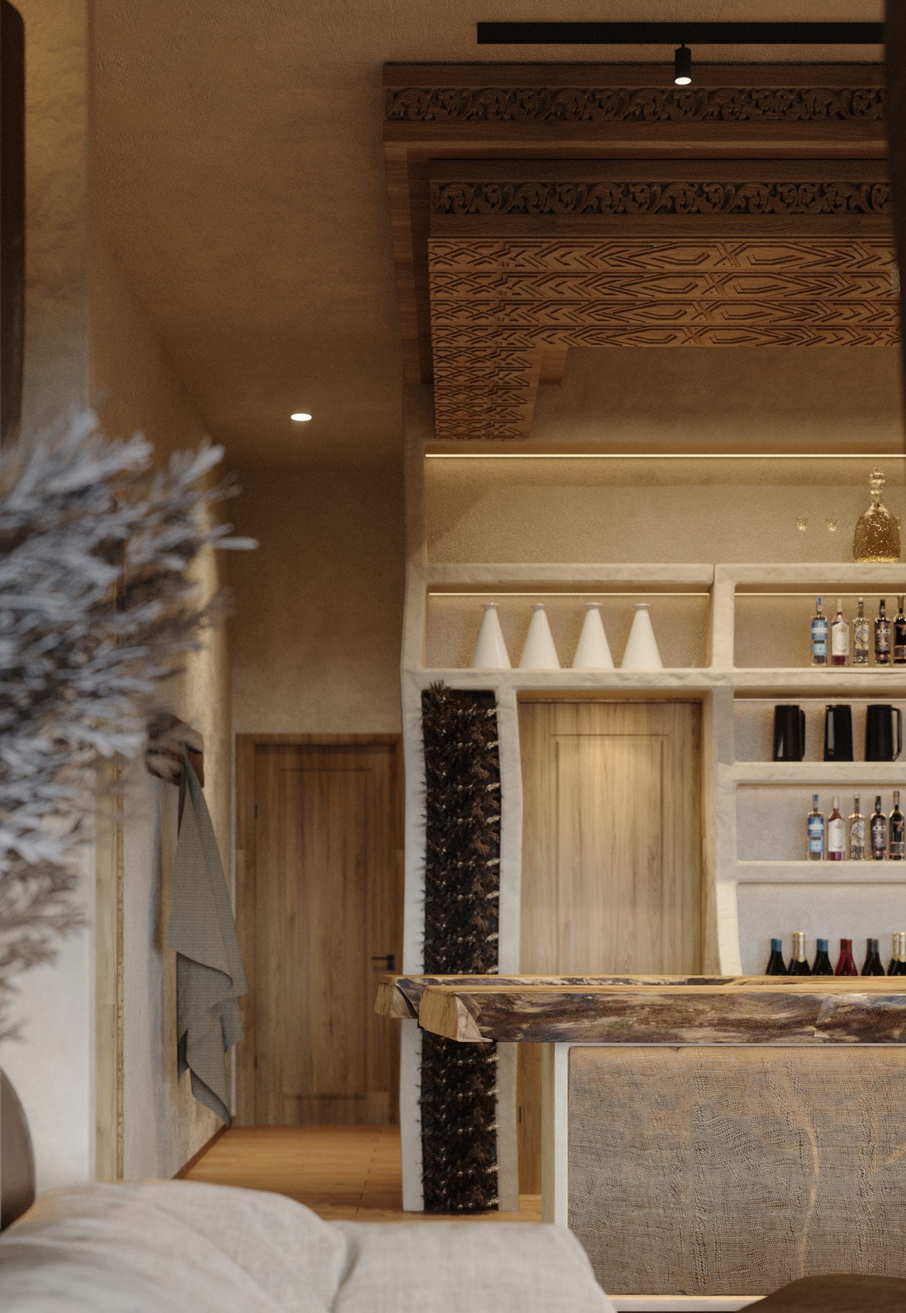 Matca lounge: end of the bar with arched shelving under a carved timber beam