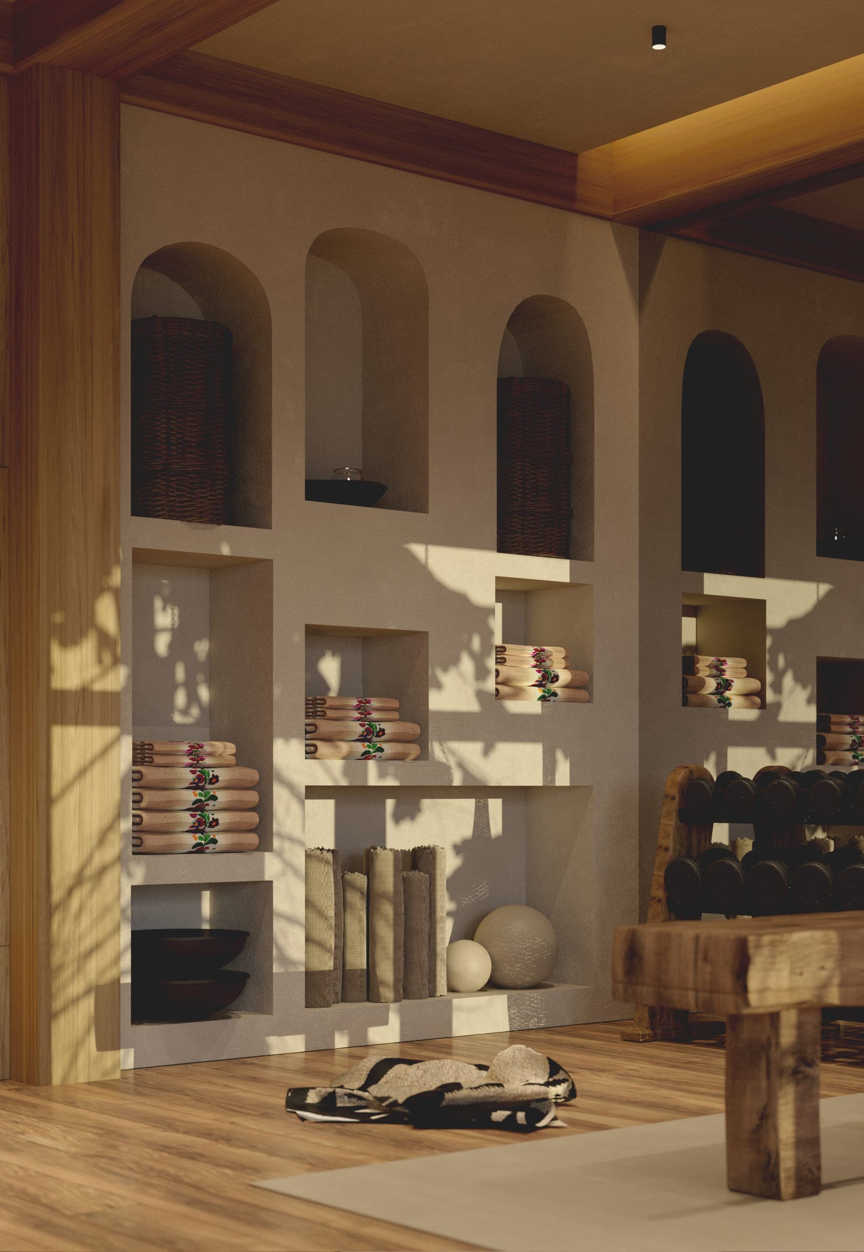 Fitness Studio: arched niches with towels and weights